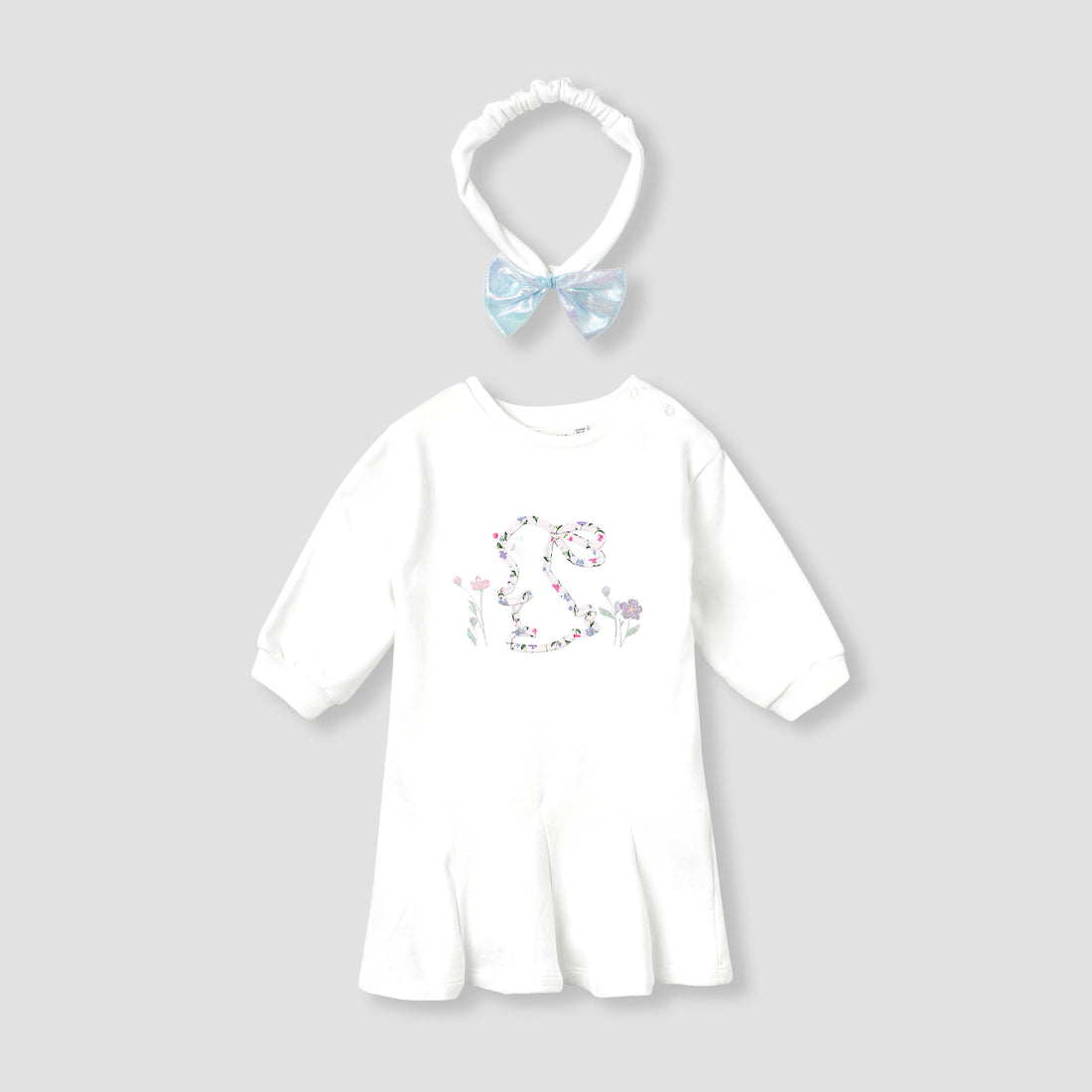 Juniors Bunny Applique Pleated Dress with Headband - White / 12-18 mths