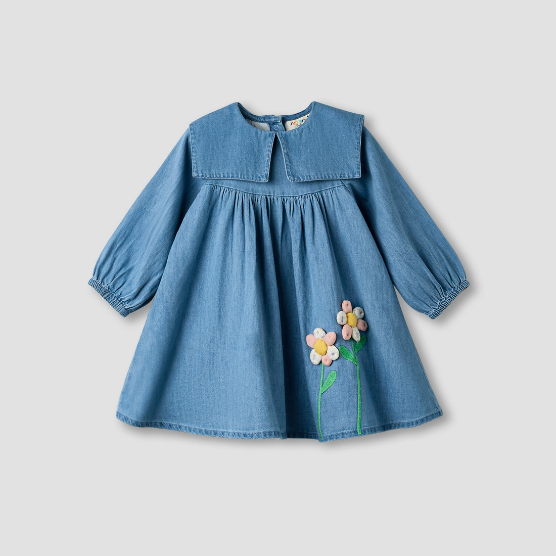 Juniors Round Sailor Neck Long Sleeve Denim Dress with Floral Embroidery
