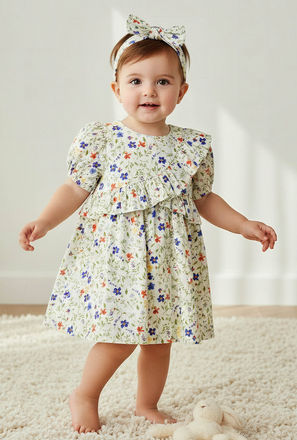 Juniors Round Neck Short Sleeves A-line Dress with Headband