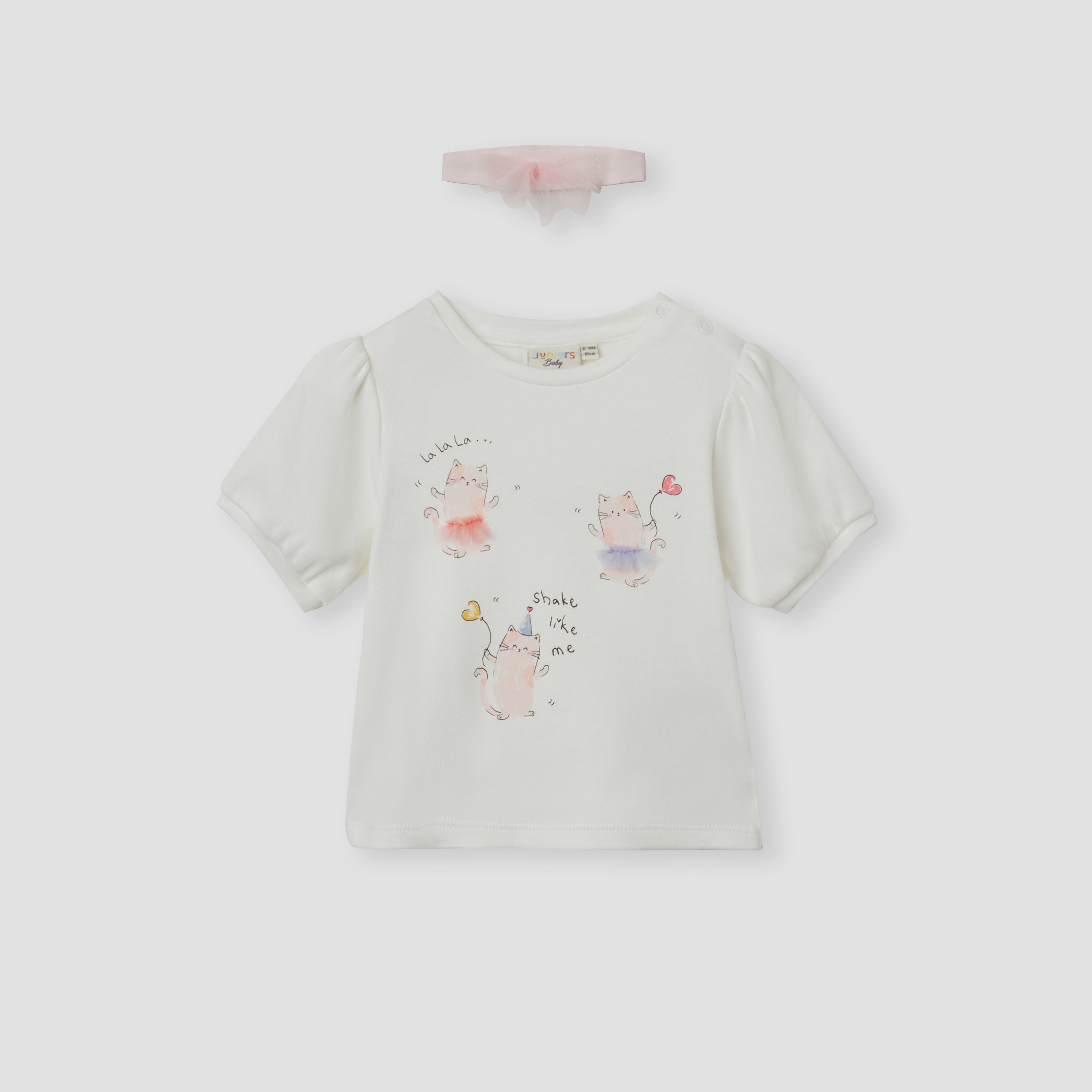 Juniors Cat Print Top with Crew Neck and Headband Set - Multicolour / 12-18 mths