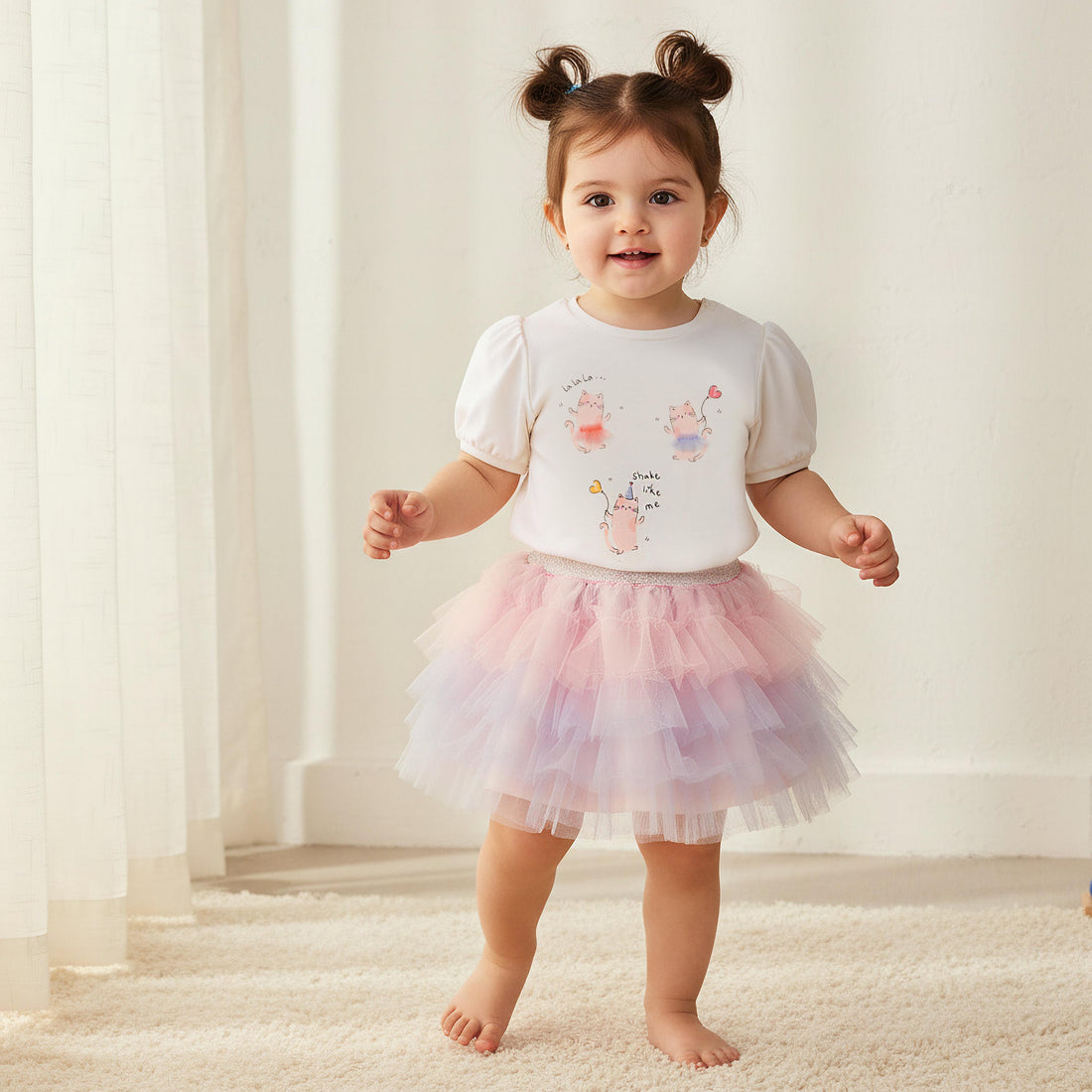 Juniors Cat Print Top with Crew Neck and Headband Set - Multicolour / 24-36 mths