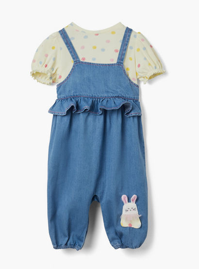 Juniors Bunny Applique Dungaree and Polka Dot Print T-shirt Set-baby-girls-clothing-setsandcoords-image-1