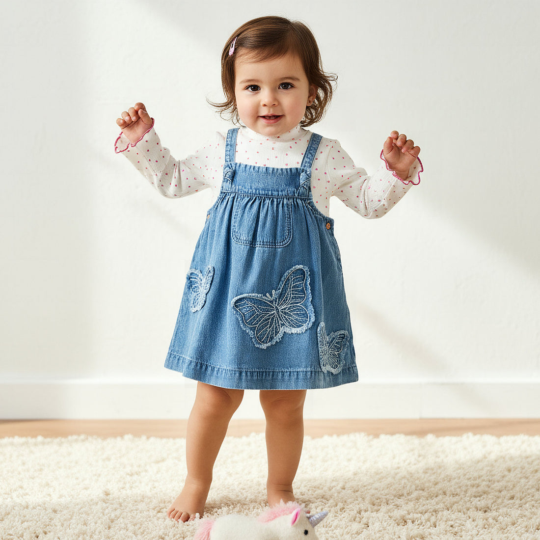 Juniors Girls T-shirt and Pinafore Set with Butterfly Applique - Cotton - Long Sleeves - Turtleneck - Multicolour / 12-18 mths