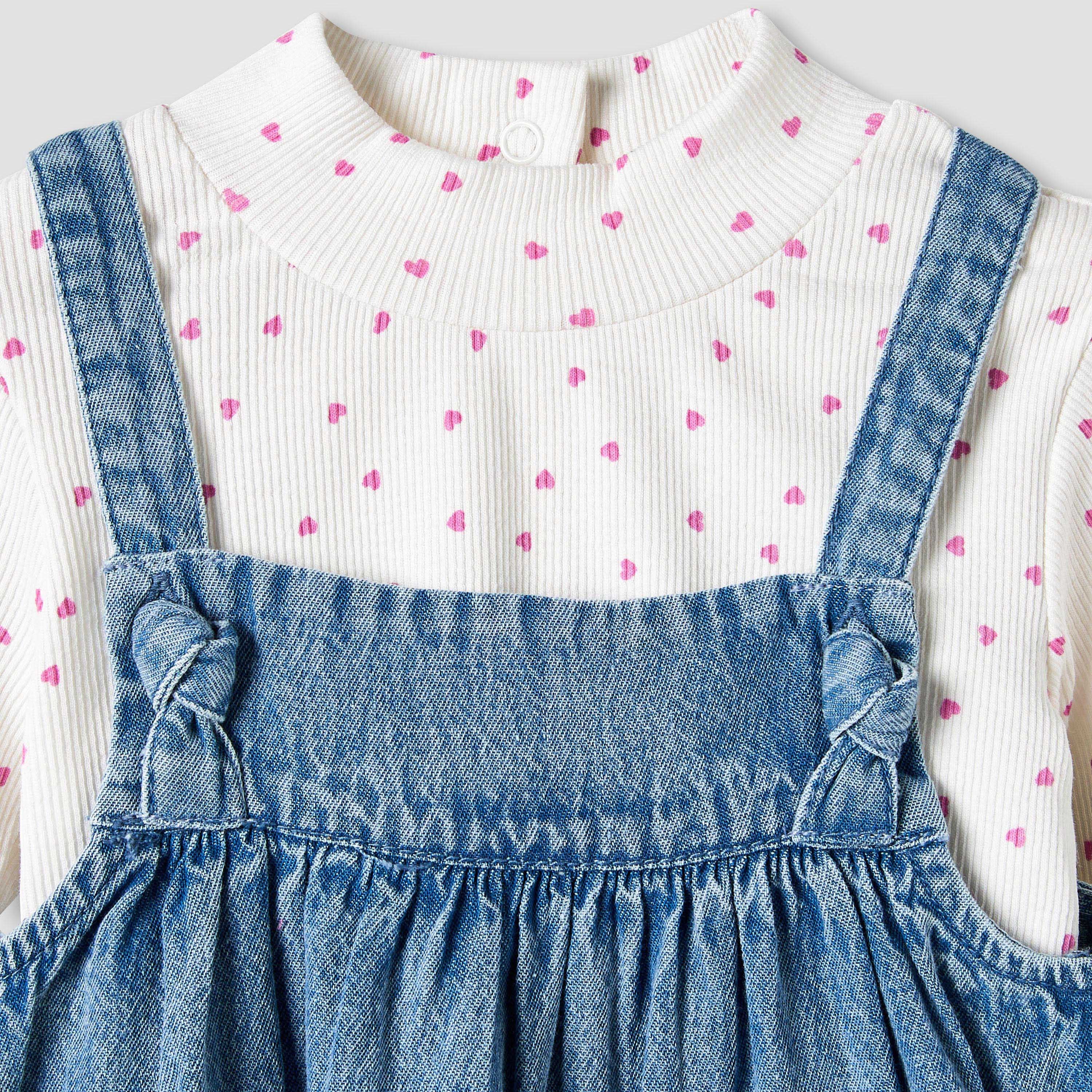 Juniors Girls T-shirt and Pinafore Set with Butterfly Applique - Cotton - Long Sleeves - Turtleneck