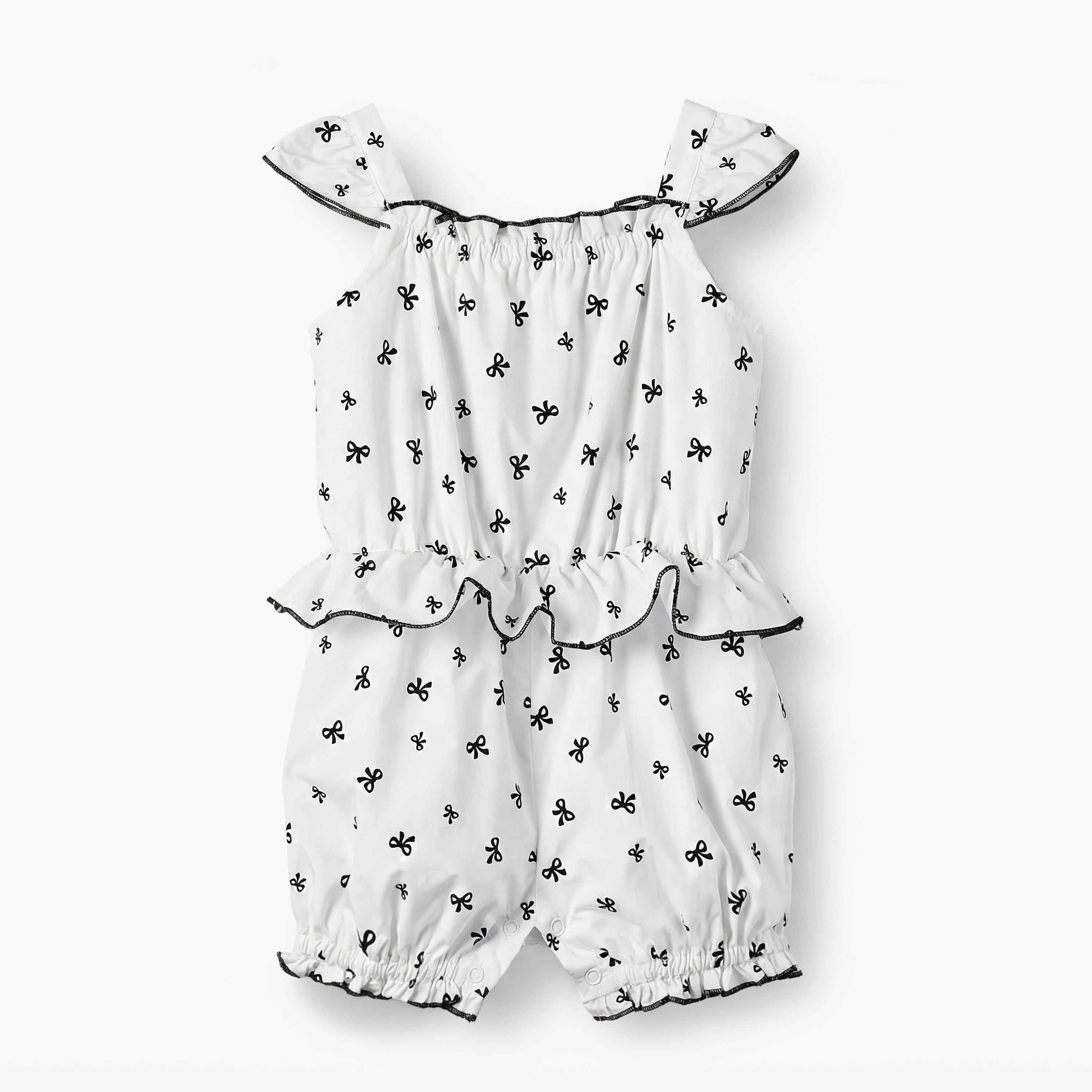 Juniors Square Neck Cap Sleeves Romper with Bow Print