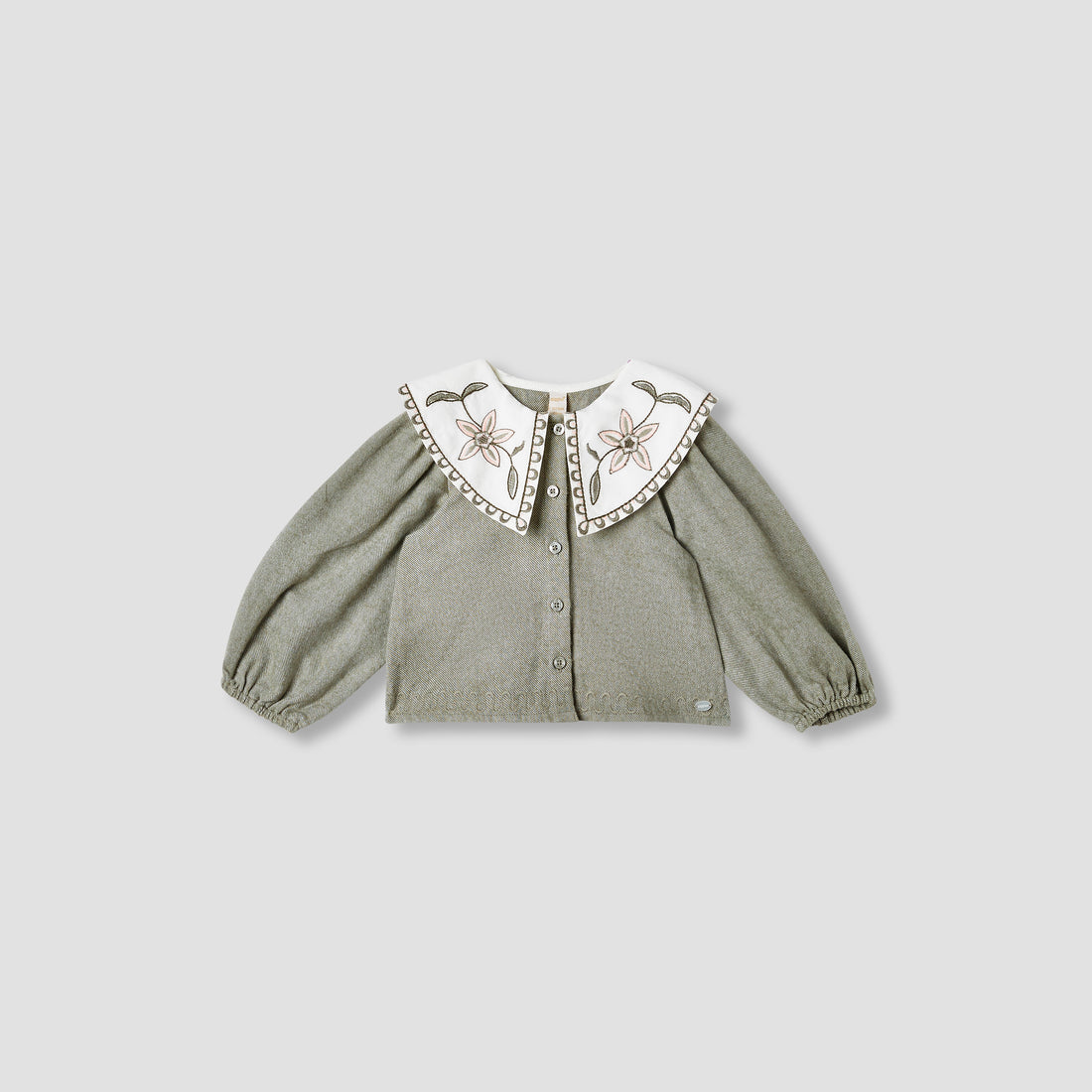 Giggles Embroidered Peter Pan Collar Shirt with Long Sleeves - Green / 12-18 mths