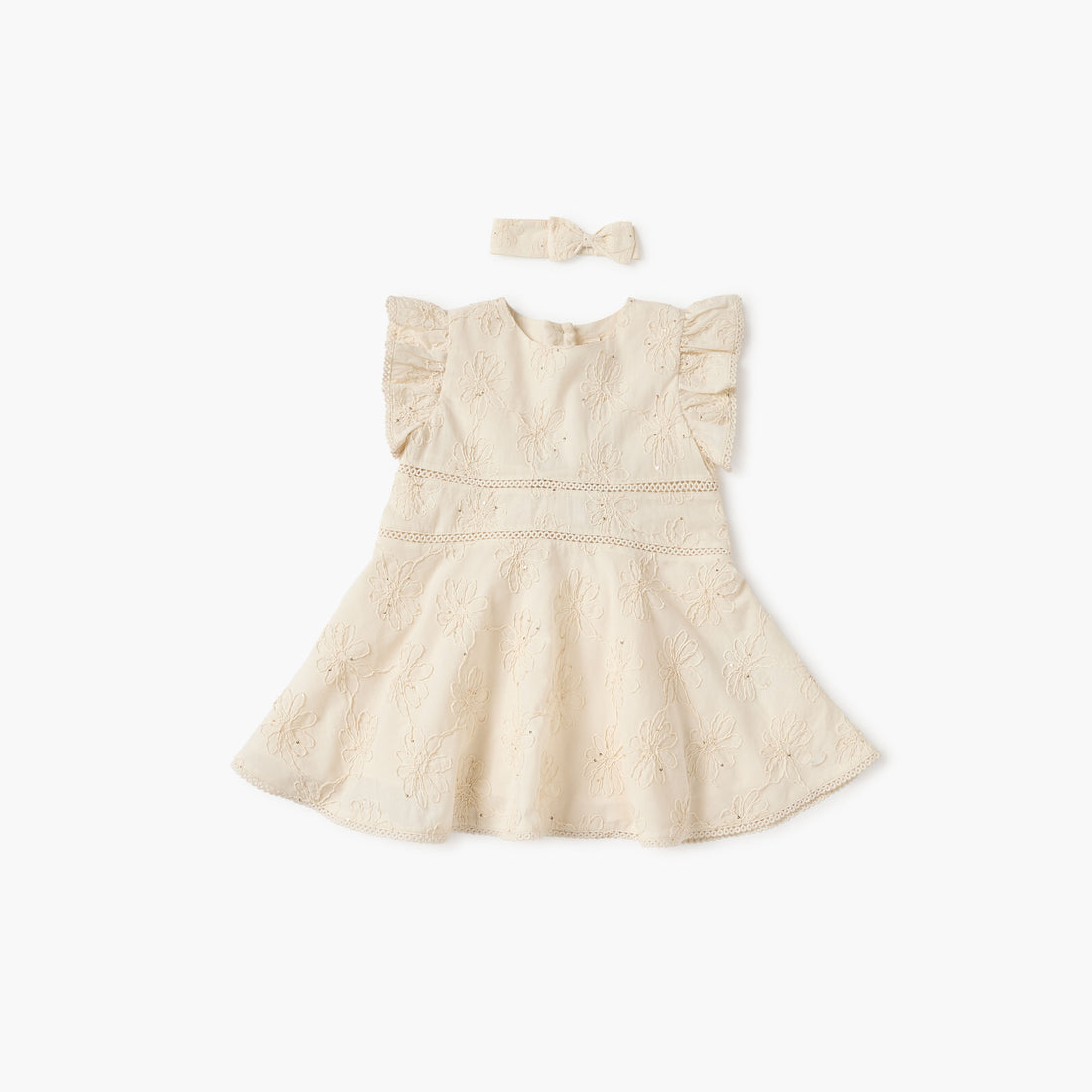 Giggles Embroidered Dress with Headband - Cream / 12-18 mths