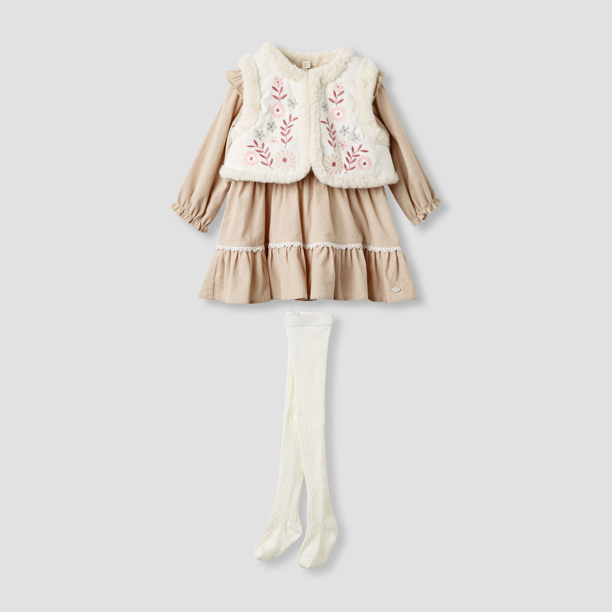 Giggles Embroidered Tiered Dress with Sweater and Stockings