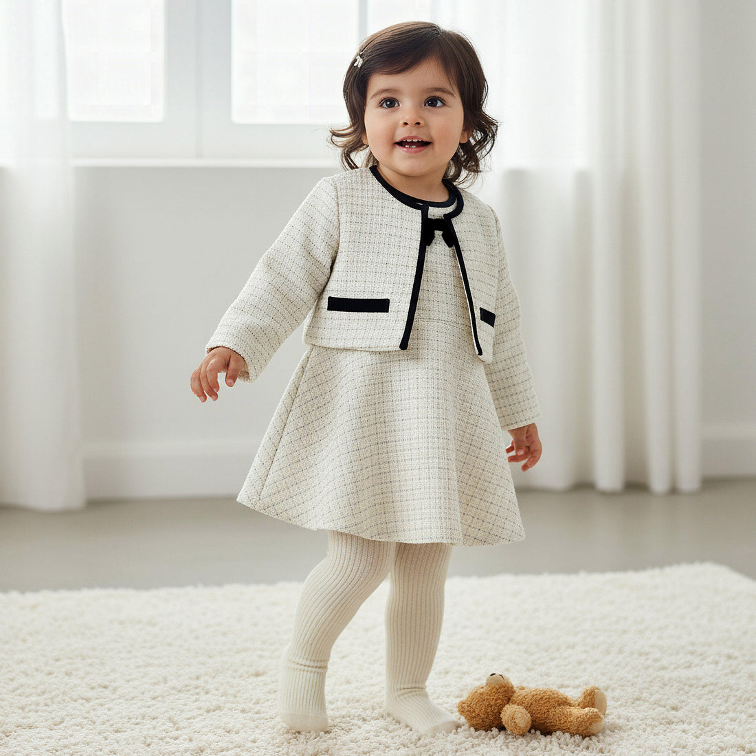 Giggles Textured Dress with Jacket and Stockings - White / 12-18 mths