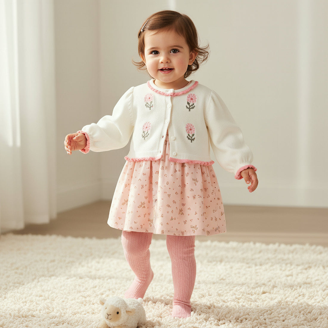 Giggles Floral Print Dress with Cardigan and Tights - Pink / 12-18 mths