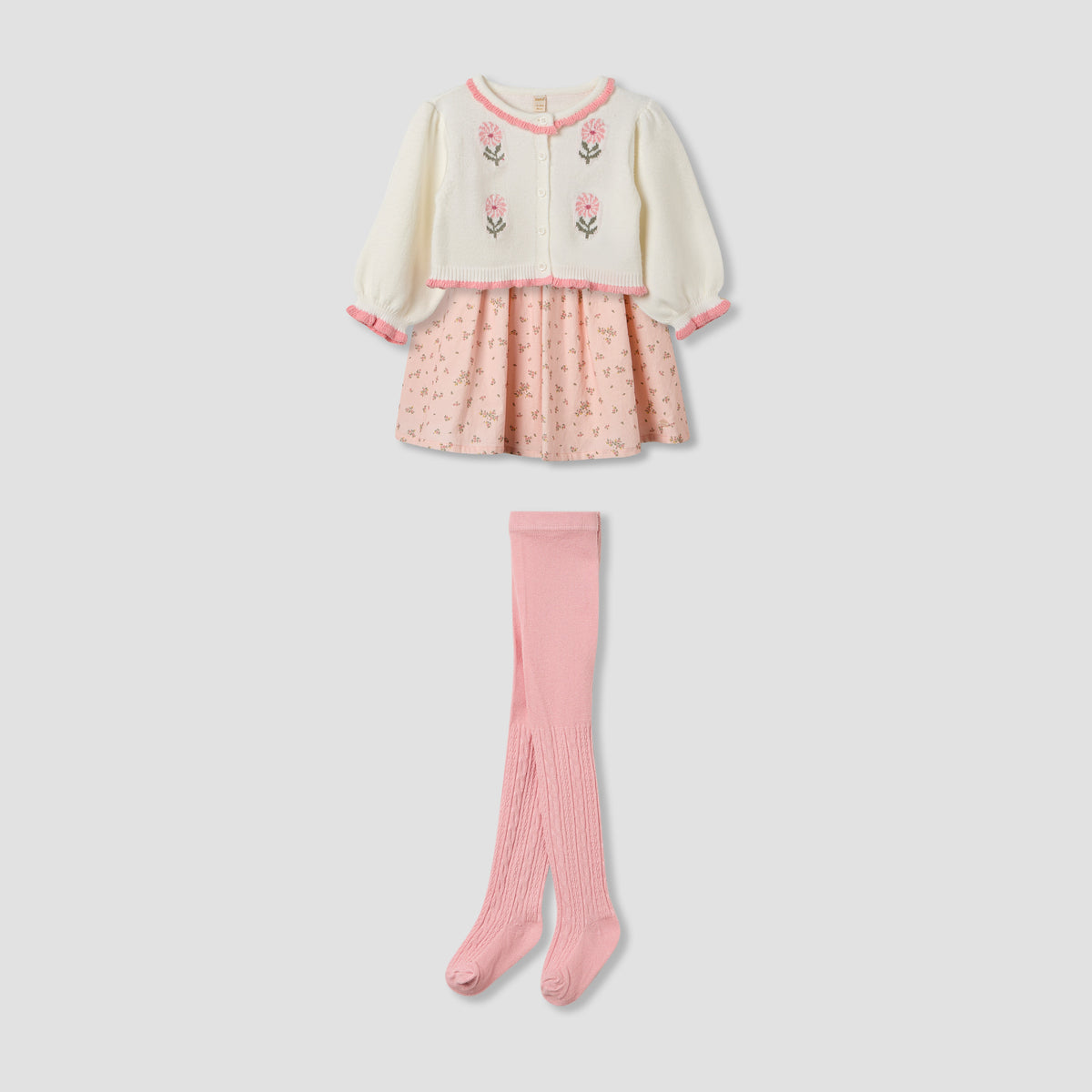 Giggles Floral Print Dress with Cardigan and Tights