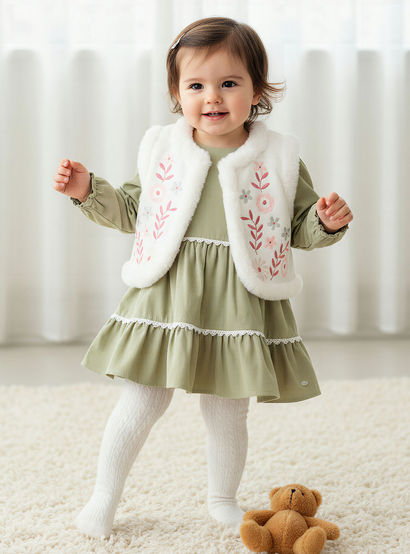 Giggles Embroidered Tiered Dress with Sweater and Stockings-baby-girls-clothing-winterwear-dresses-image-1