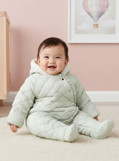 Giggles Quilted Closed Feet Coverall with Hood and Long Sleeves-baby-girls-clothing-winterwear-bodysuits-image-6