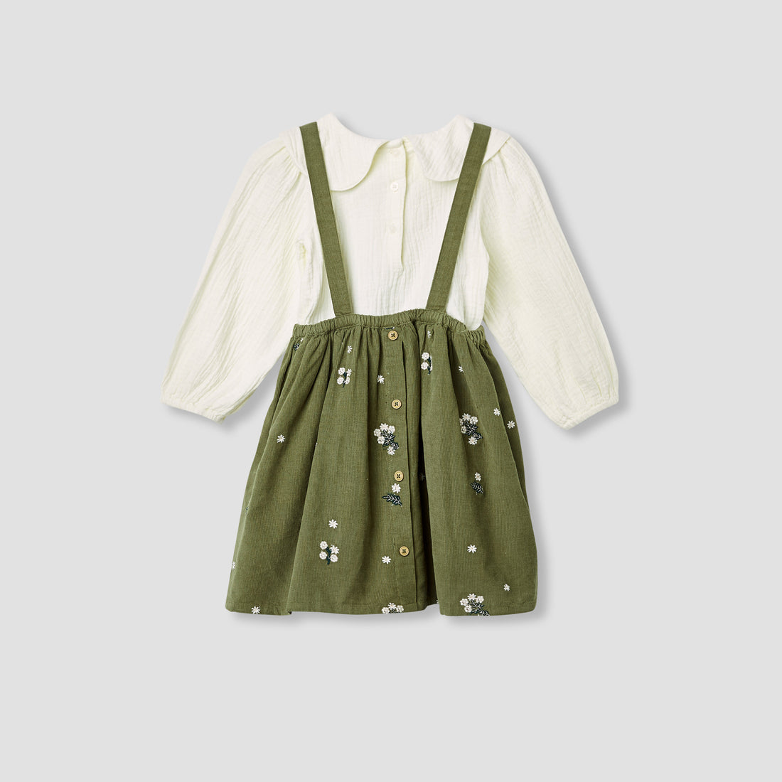Giggles Floral Embroidered Pinafore and Top Set - Green / 12-18 mths