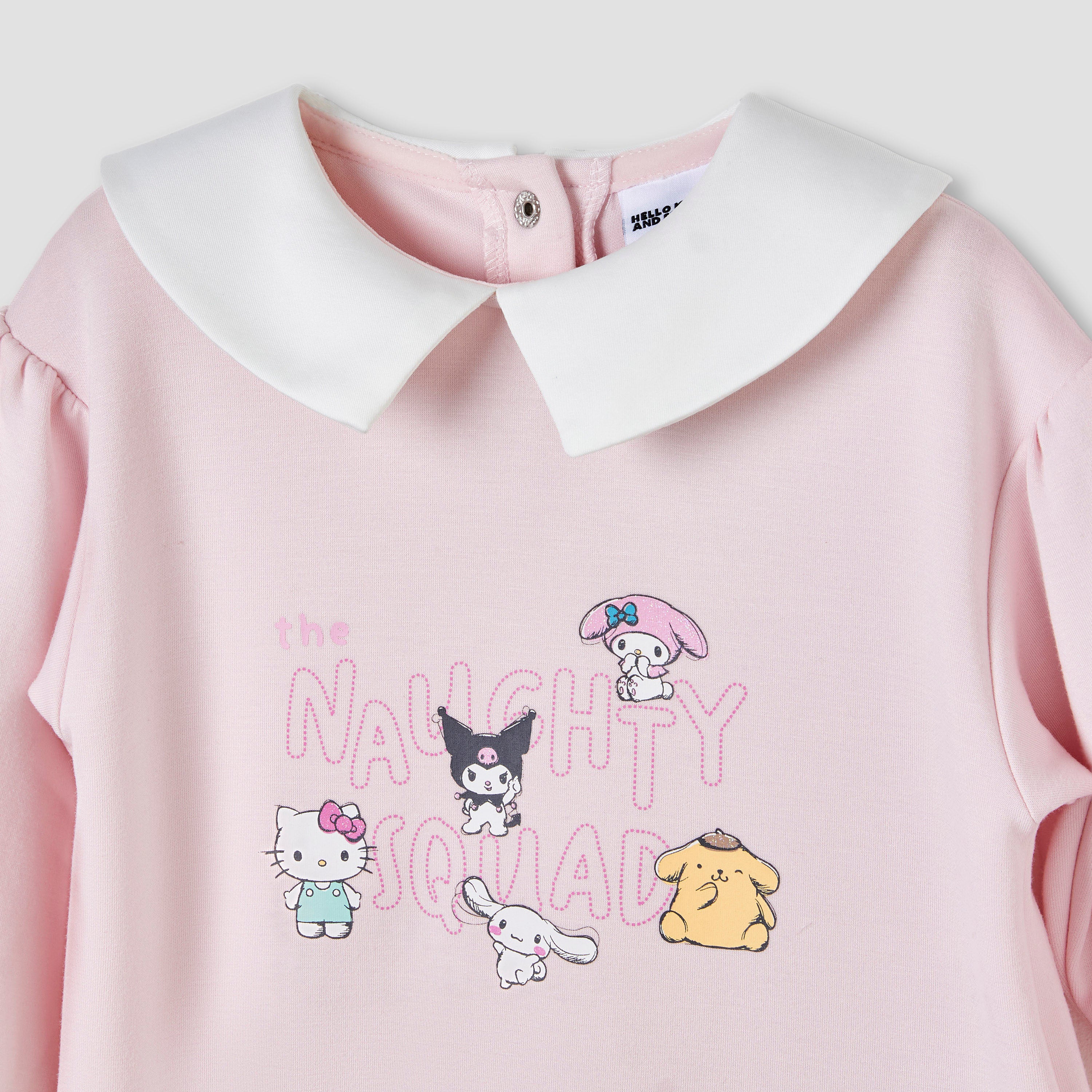Sanrio Collared Long Sleeves Knee Length Dress with Hello Kitty Print