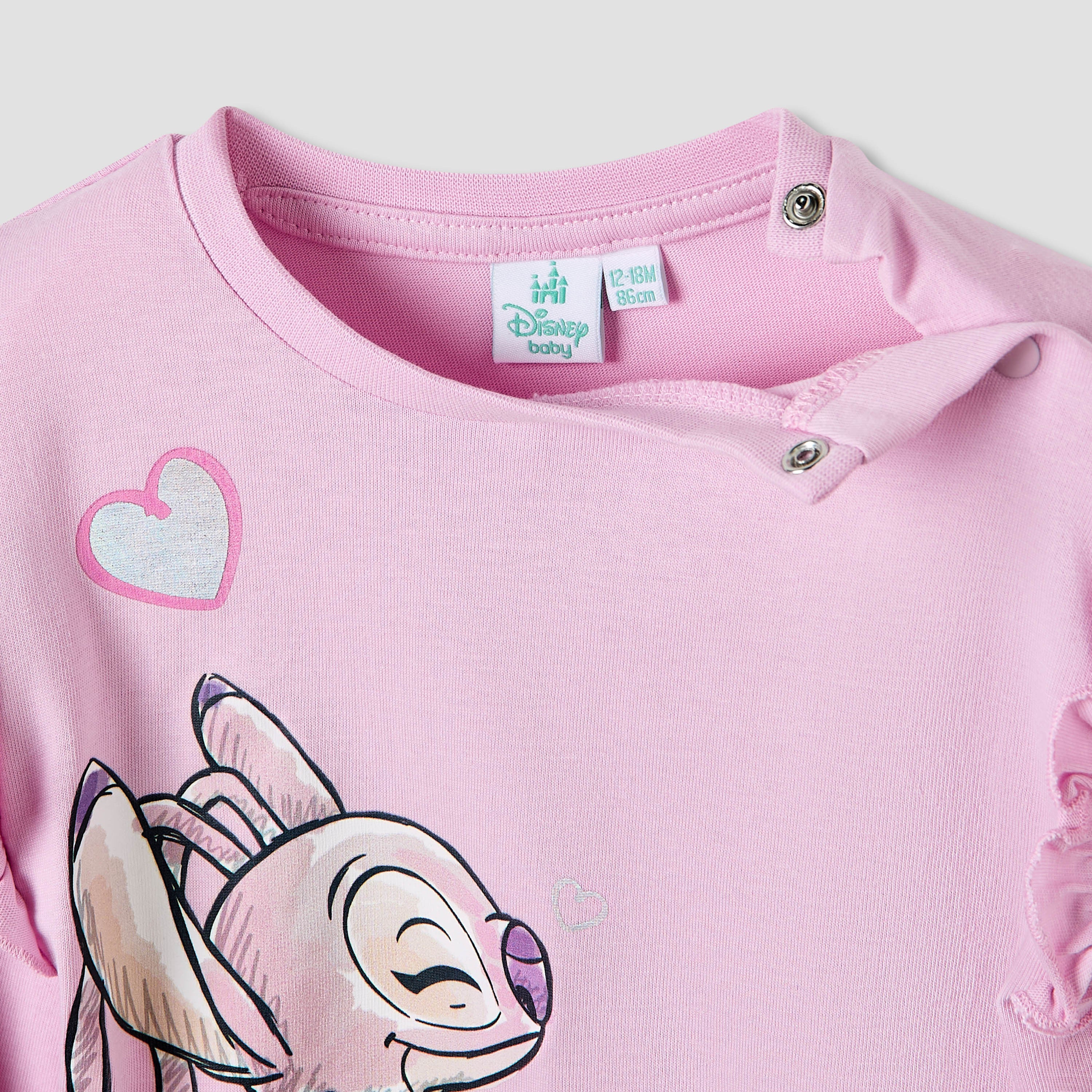 Disney Girls Round Neck T-shirt with Stitch and Angel Print - Cotton - Long Sleeves - Set of 2