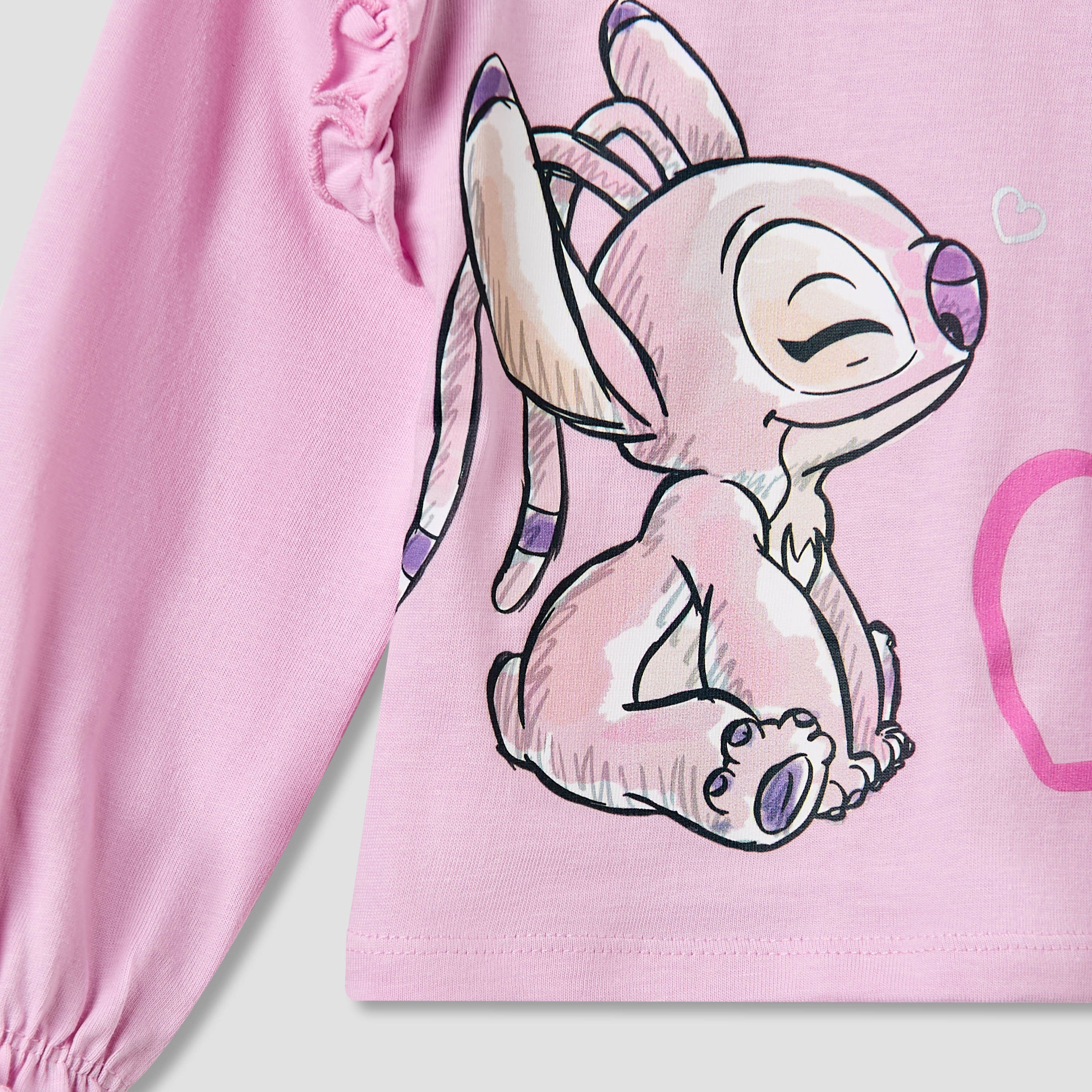 Disney Girls Round Neck T-shirt with Stitch and Angel Print - Cotton - Long Sleeves - Set of 2