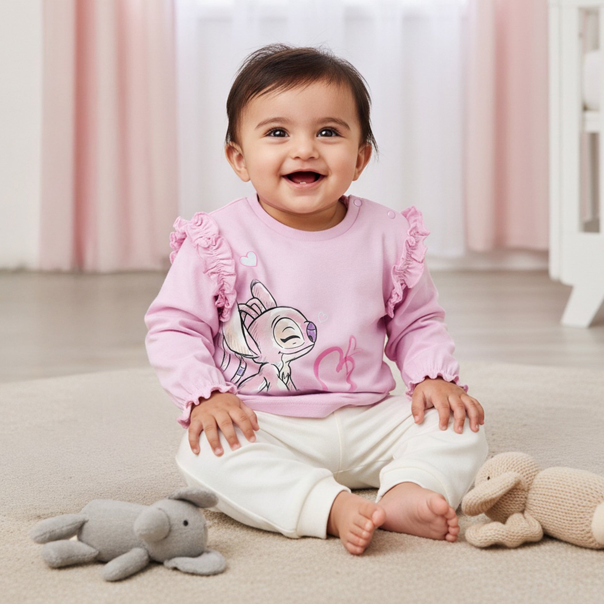 Disney Girls Round Neck T-shirt with Stitch and Angel Print - Cotton - Long Sleeves - Set of 2