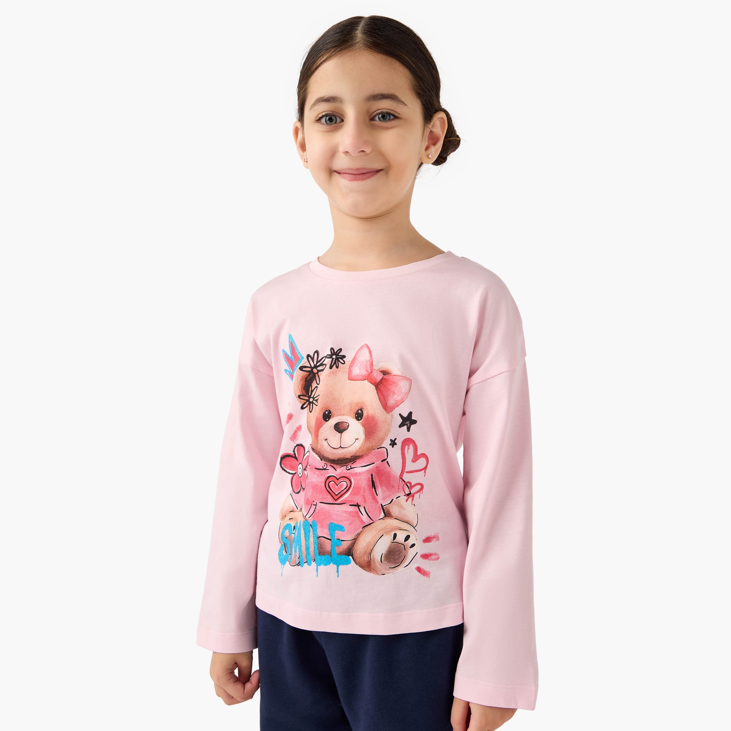 Juniors Teddy Bear Print T-shirt with Long Sleeves