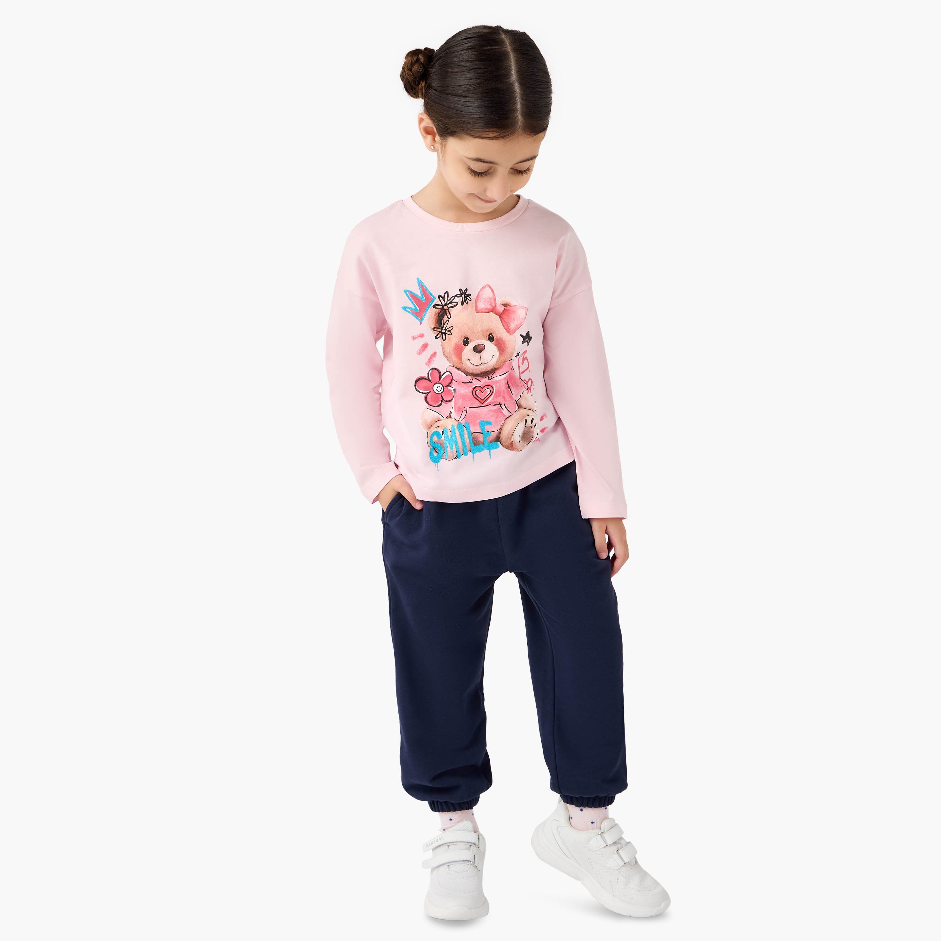 Juniors Teddy Bear Print T-shirt with Long Sleeves