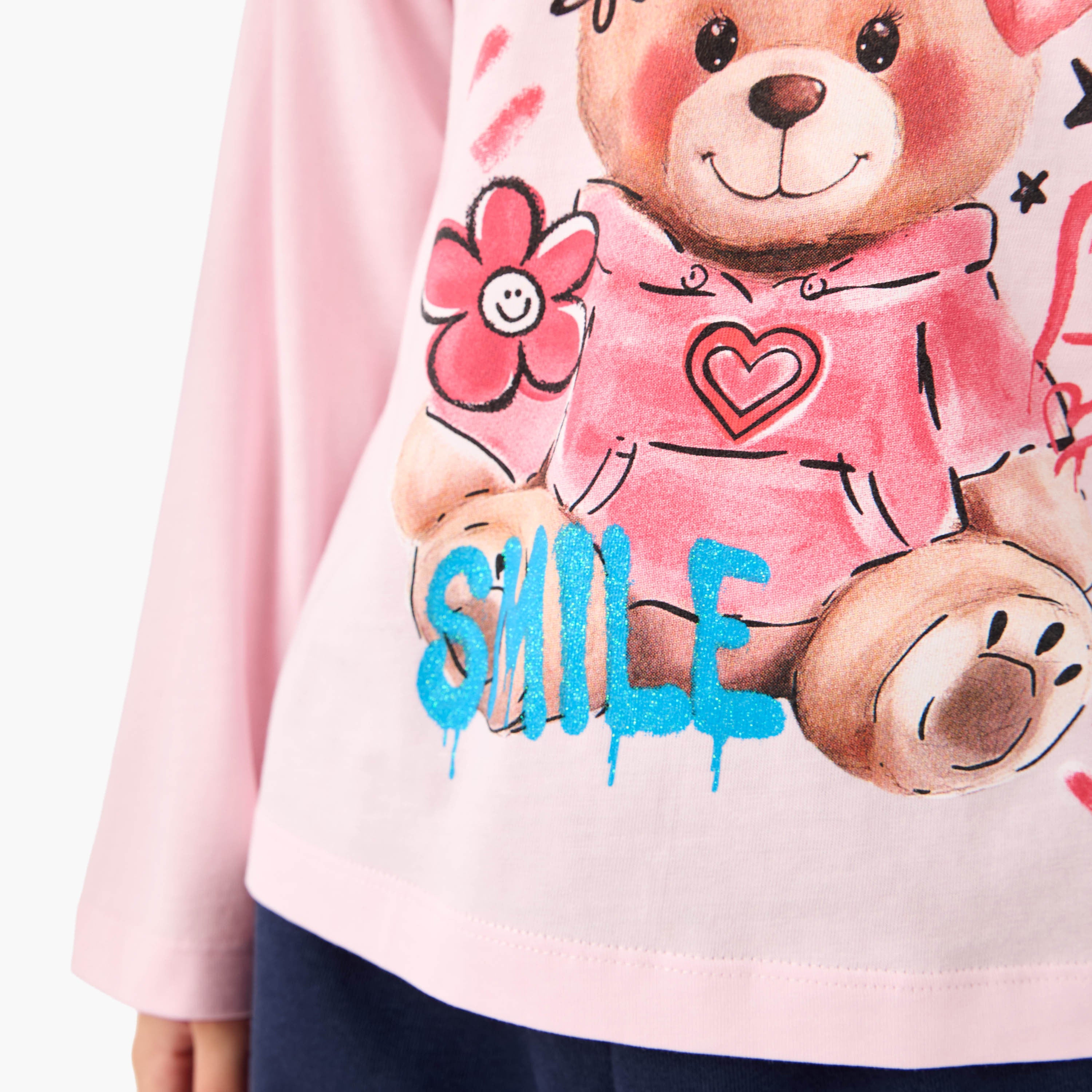 Juniors Teddy Bear Print T-shirt with Long Sleeves