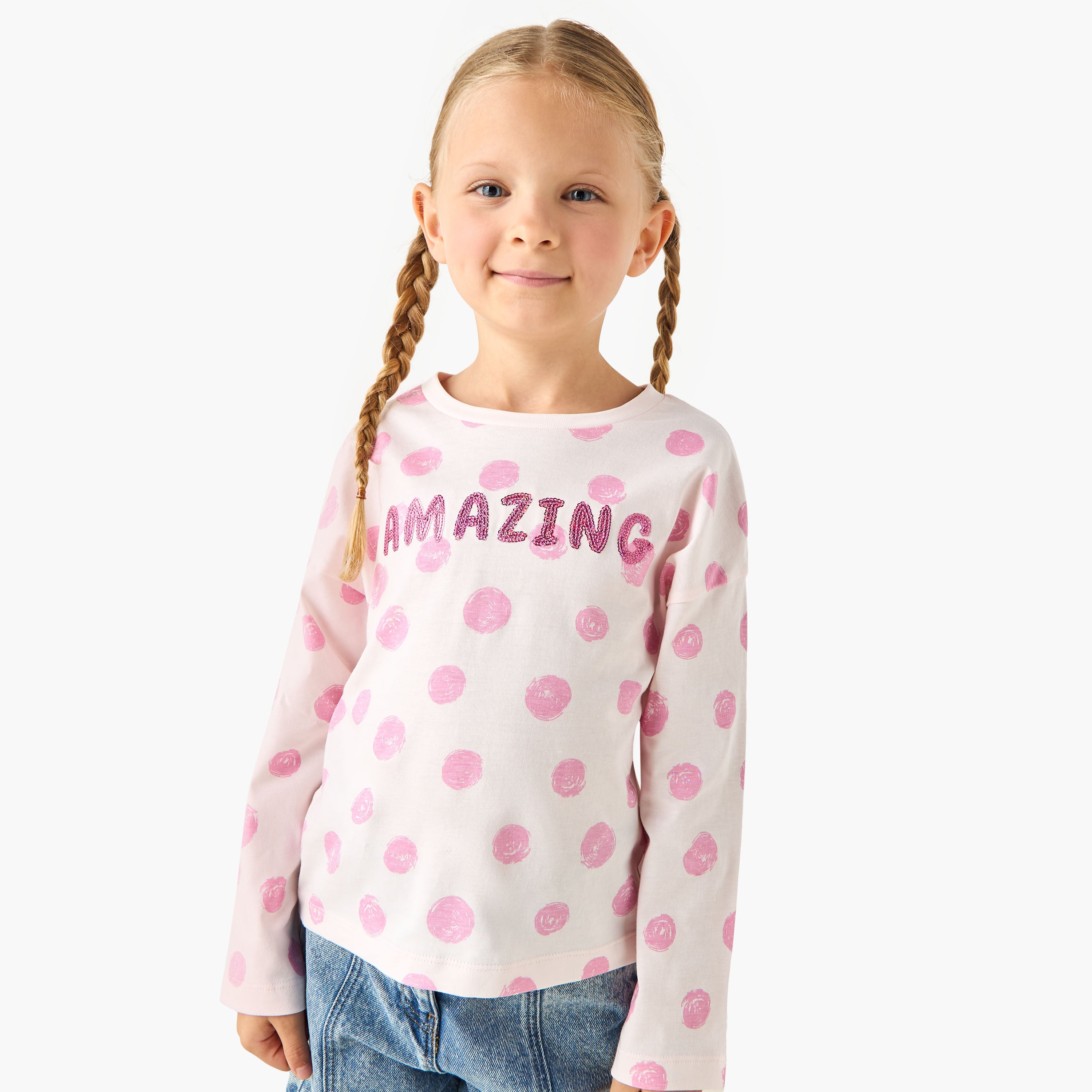 Juniors Printed T-shirt with Long Sleeves - Pink / 3-4 yrs