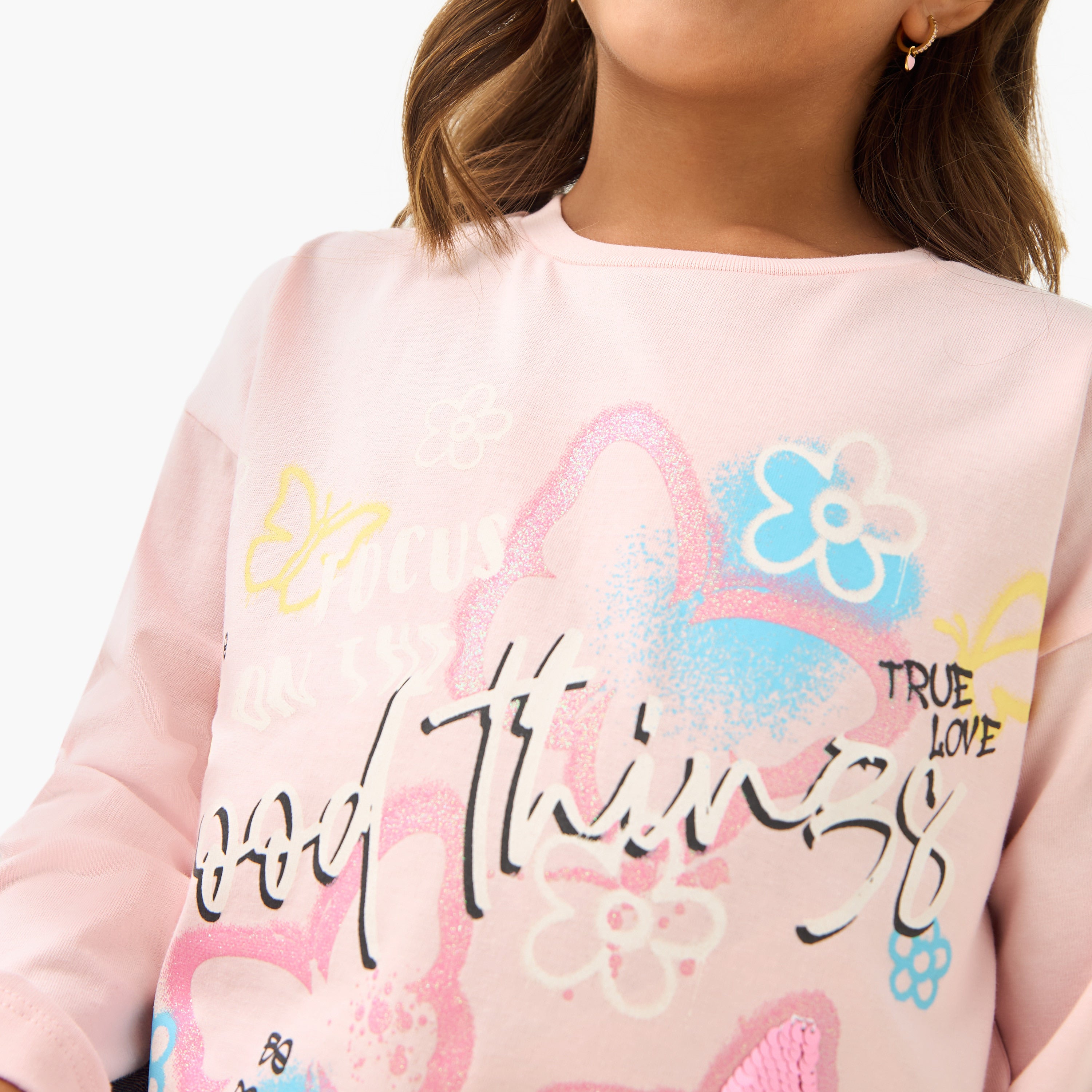 Juniors Printed T-shirt with Long Sleeves