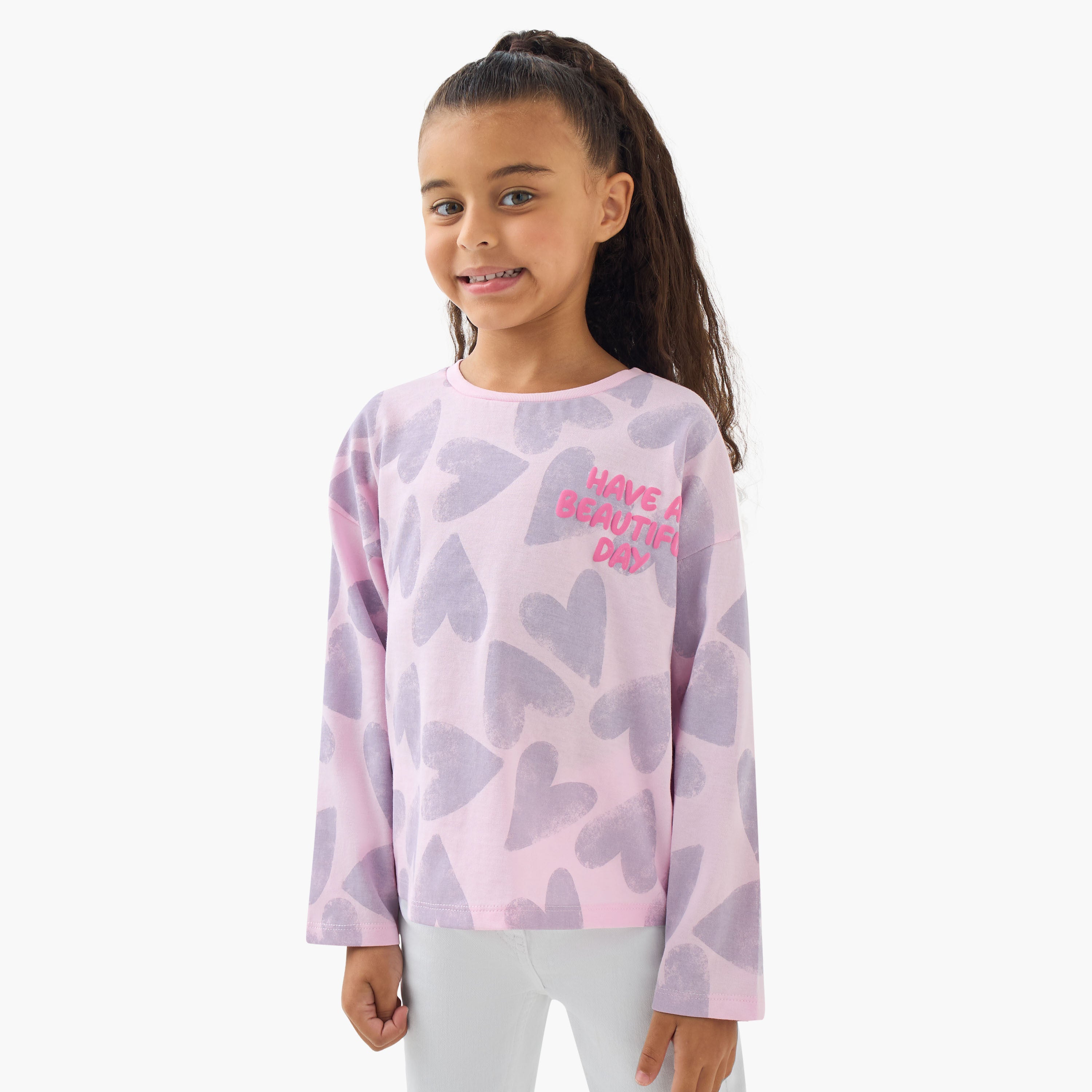 Juniors Girls Crew Neck T-Shirt with Heart Print - Cotton - Long Sleeves - Pink / 1-2 yrs