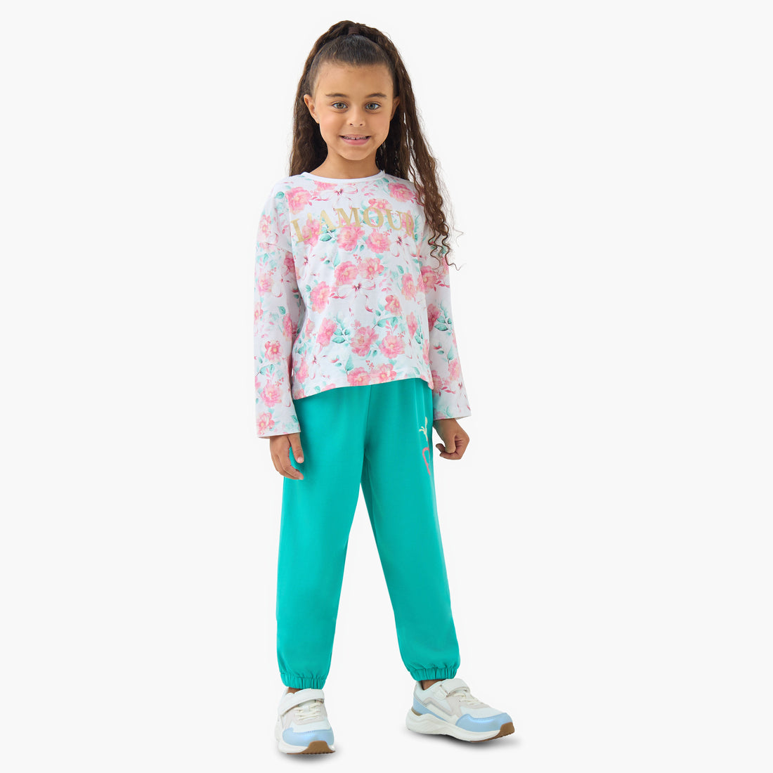 Juniors Girls Crew Neck T-shirt with Floral Print - Cotton - Long Sleeves