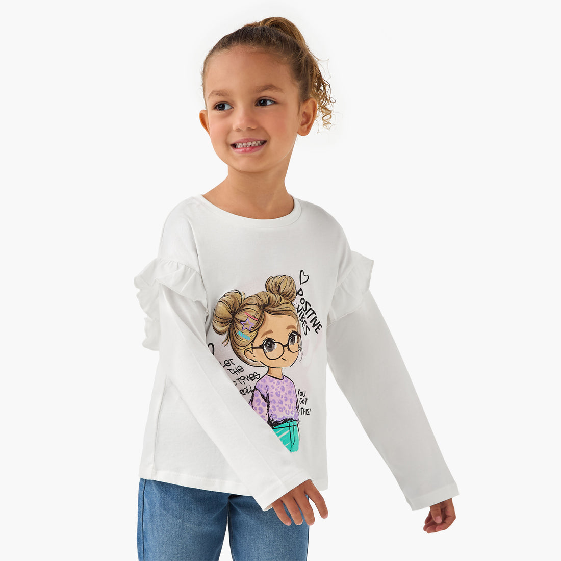 Juniors Crew Neck Long Sleeve T-shirt with Graphic Print - White / 1-2 yrs
