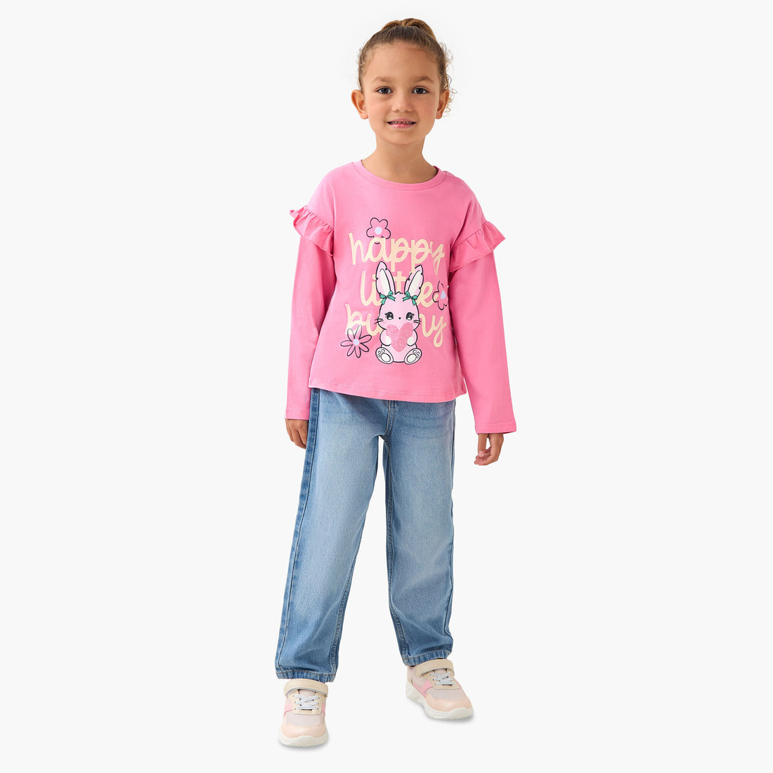 Juniors Crew Neck Long Sleeve T-shirt with Bunny Graphic Print