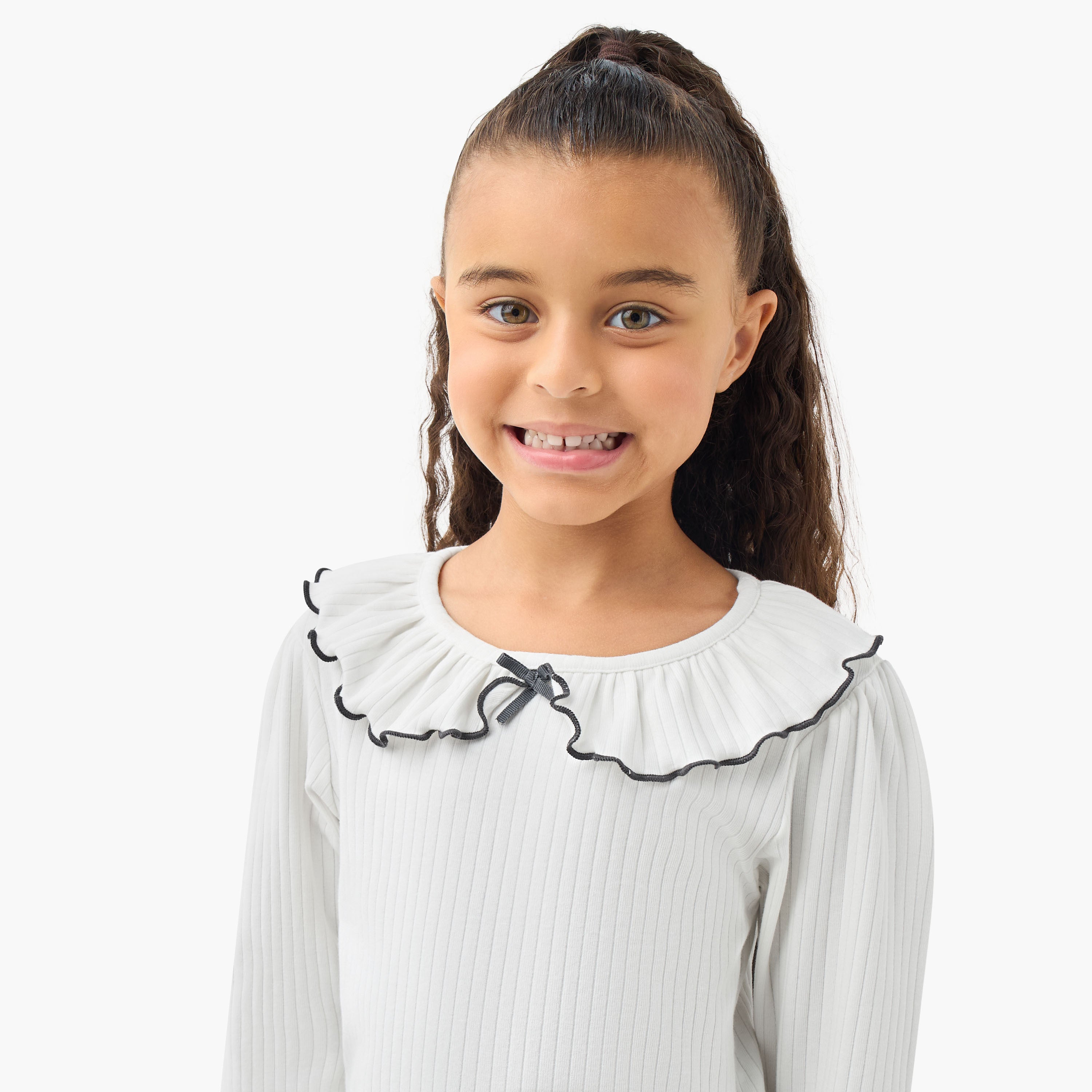 Juniors Girls Ruffled Collar T-shirt with Ribbed Texture - Cotton - Long Sleeves