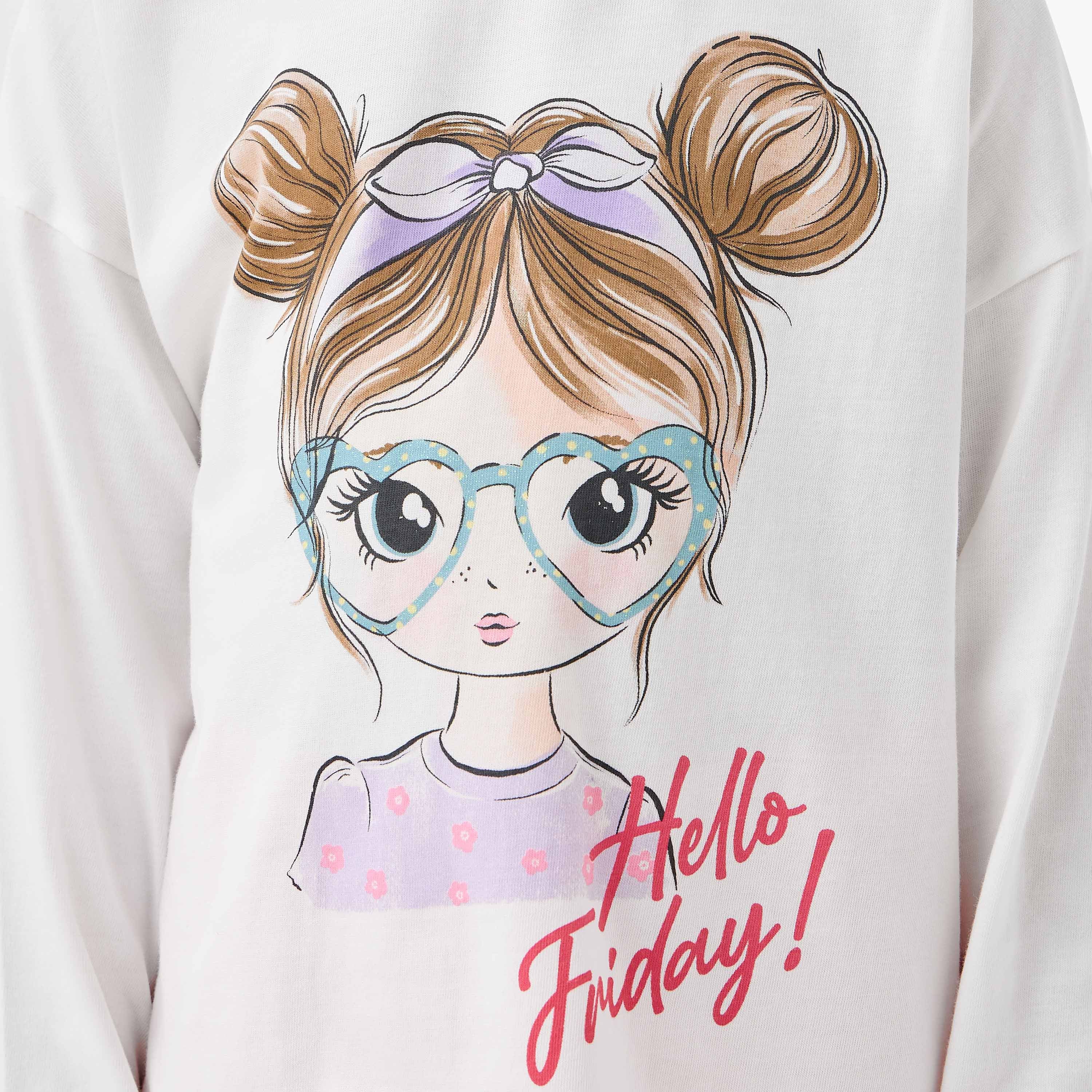 Juniors Girls Crew Neck T-shirt with Graphic Print - Cotton - Long Sleeves
