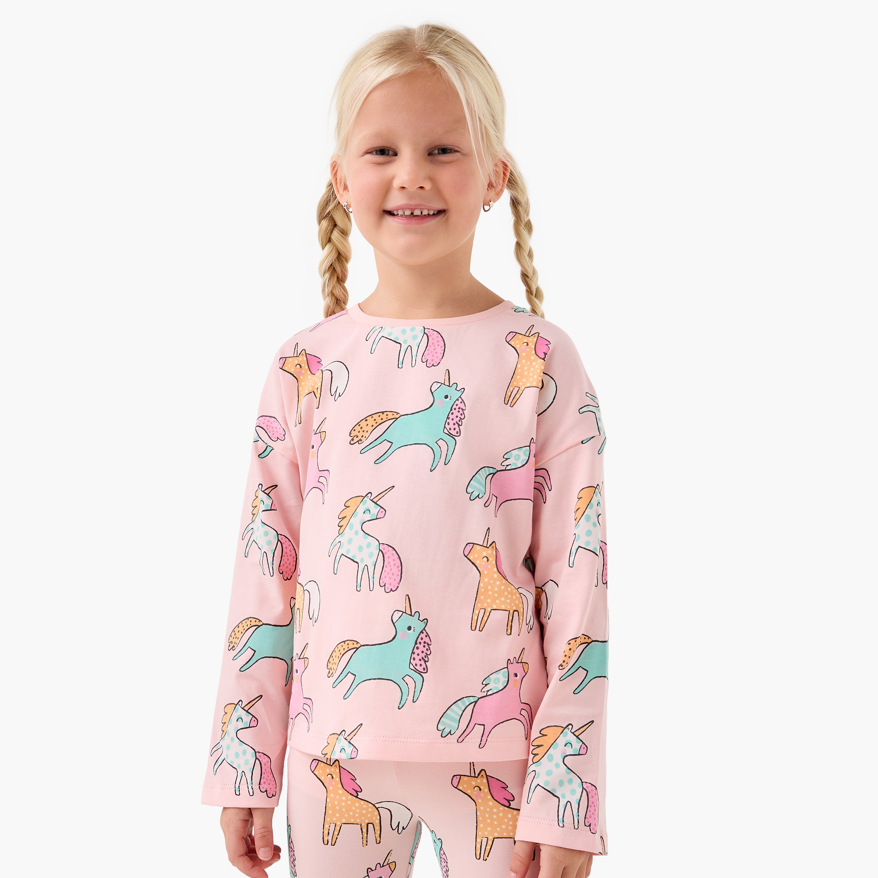 Juniors Girls Crew Neck T-shirt with Unicorn Print - Cotton - Long Sleeves - Pink / 1-2 yrs