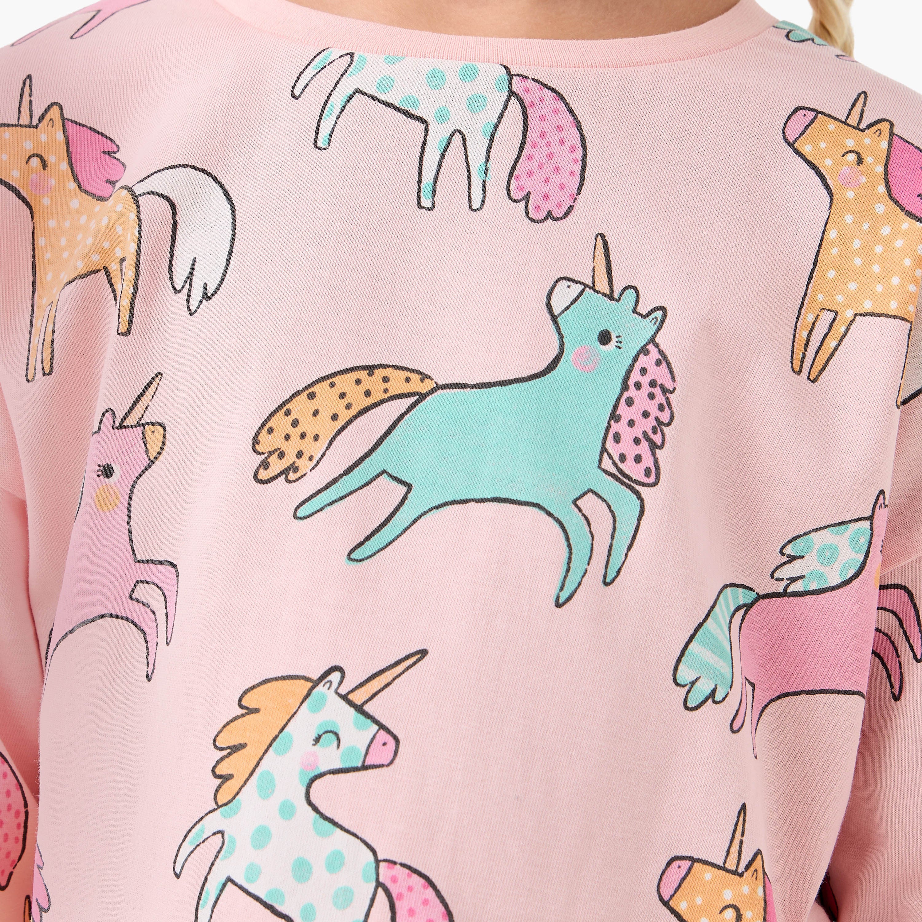 Juniors Girls Crew Neck T-shirt with Unicorn Print - Cotton - Long Sleeves