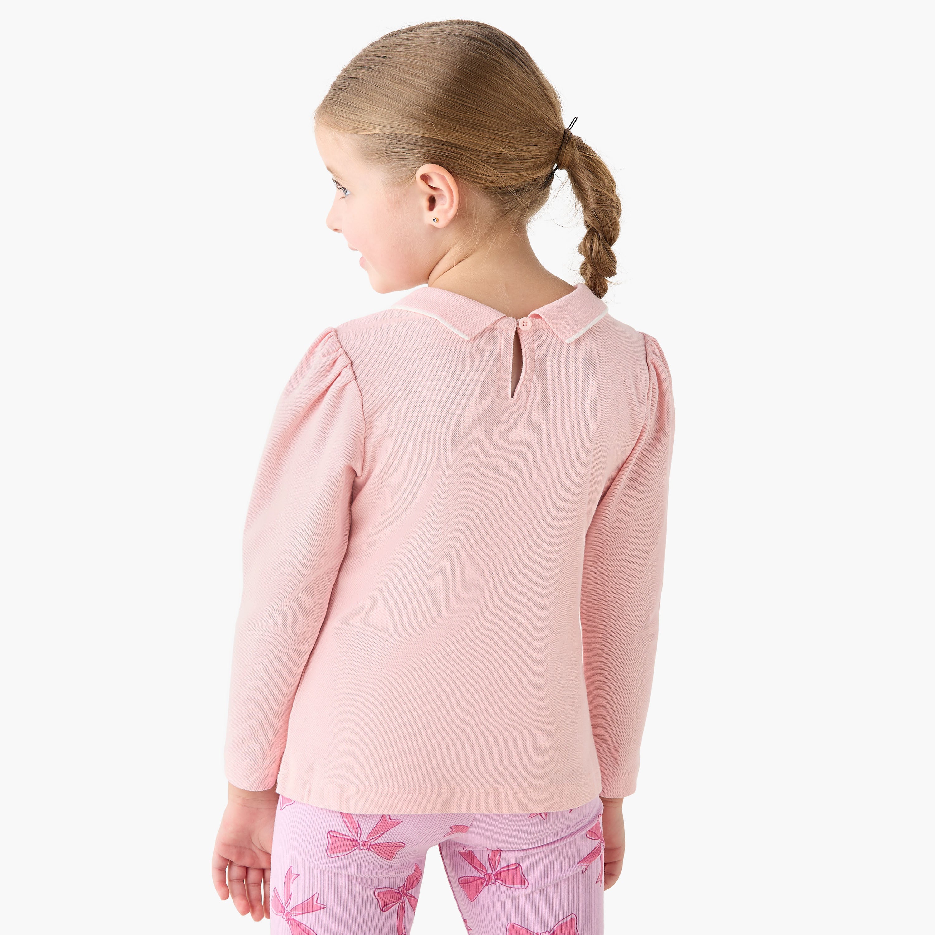 Juniors Polo Neck Long SleevesT-shirt with Butterfly Embroidery