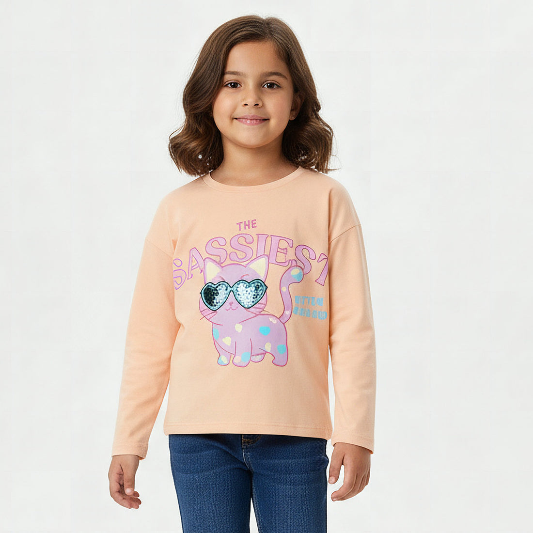 Juniors Crew Neck Long Sleeves T-shirt with Cat Print - Orange / 1-2 yrs