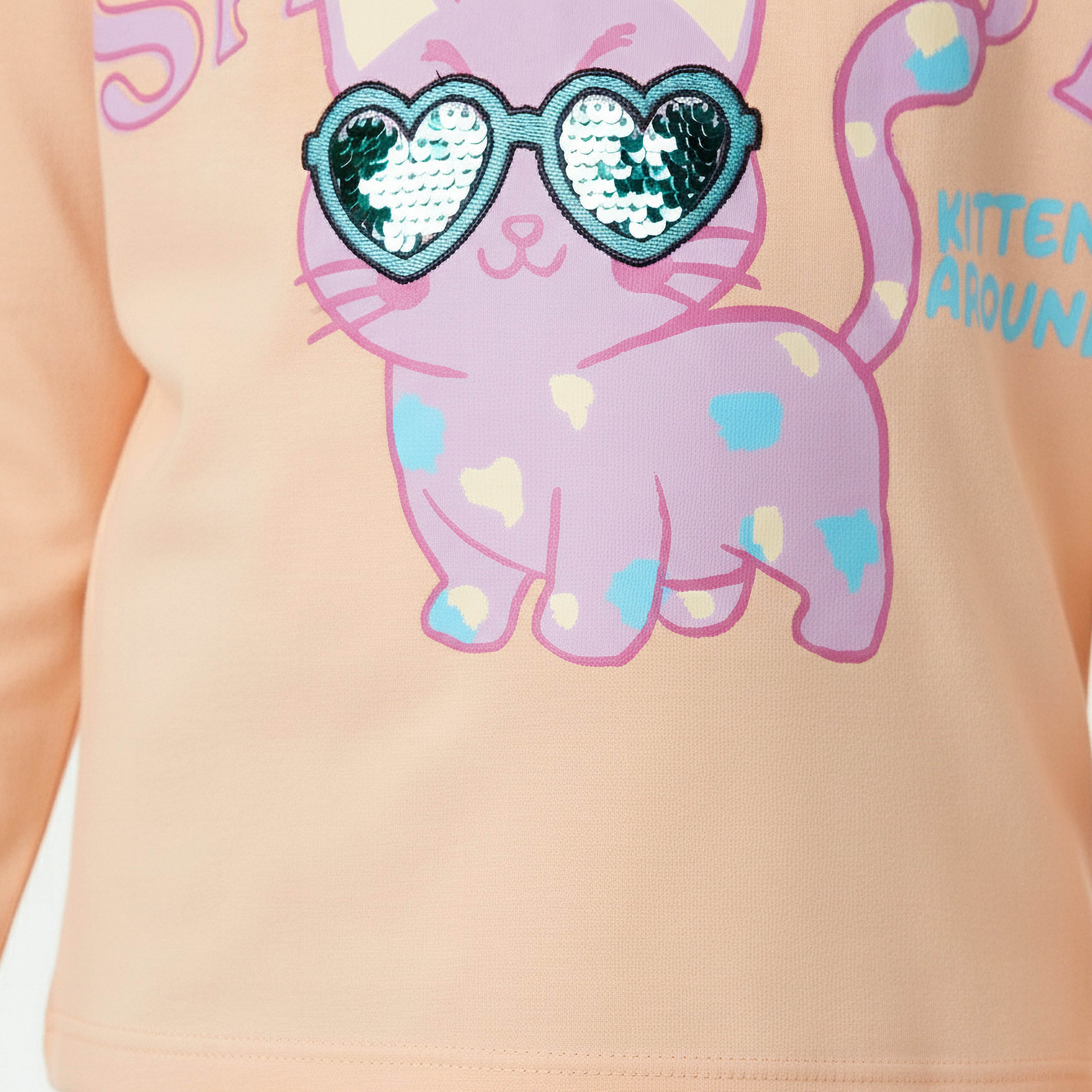 Juniors Crew Neck Long Sleeves T-shirt with Cat Print
