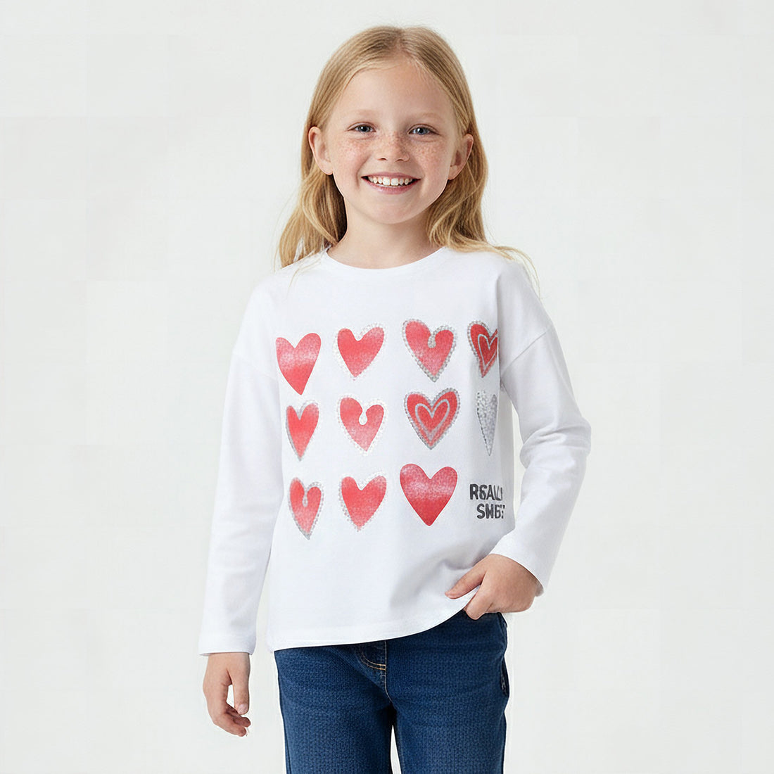 Juniors Crew Neck Long Sleeves T-shirt with Heart Print - White / 1-2 yrs