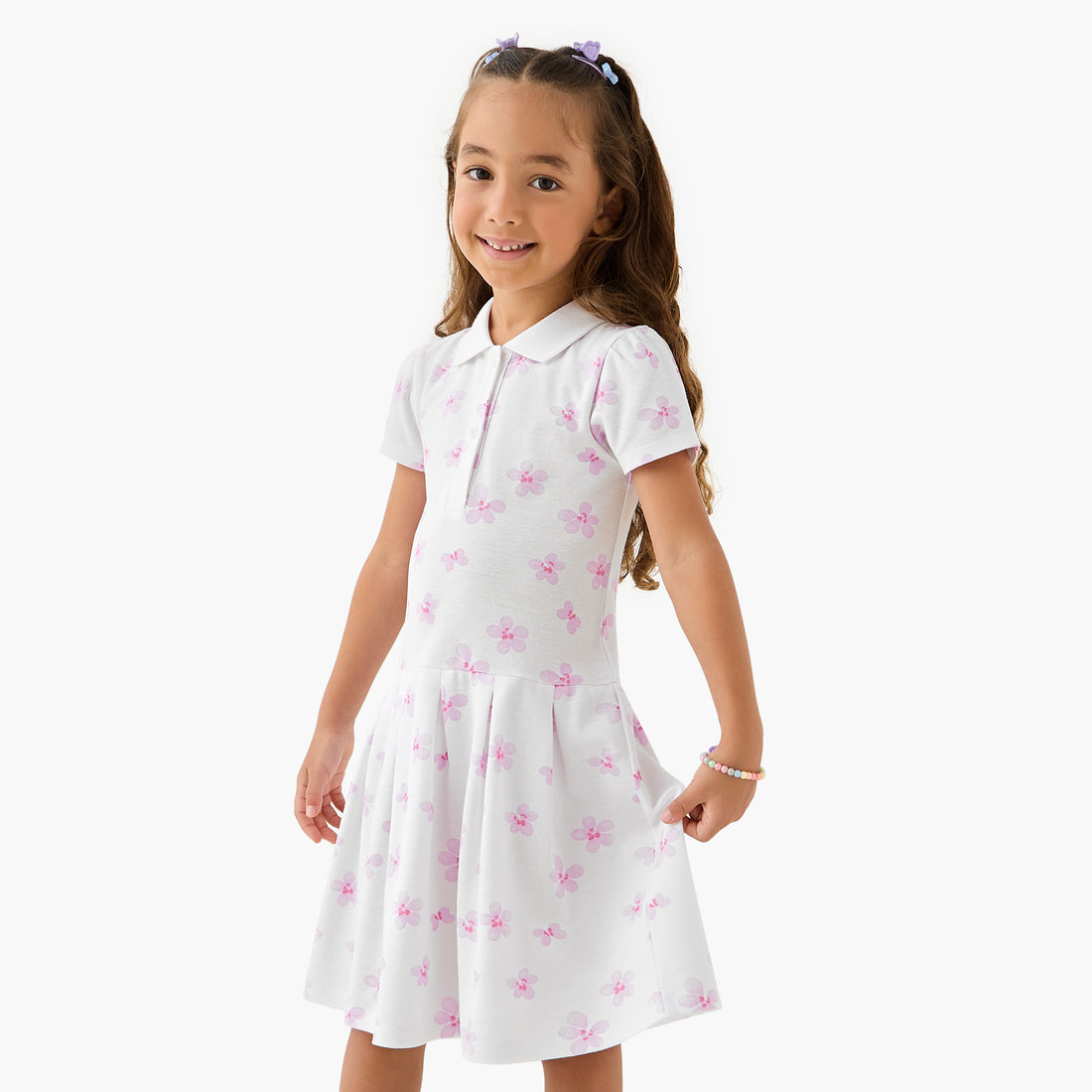 Juniors Printed Polo Dress with Short Sleeves