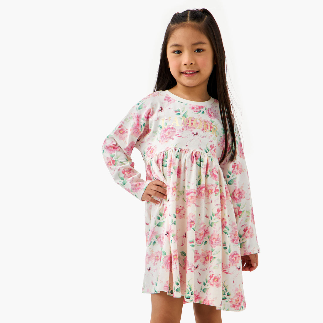 Juniors Round Neck Long Sleeves Dress with Floral Print - White / 3-4 yrs