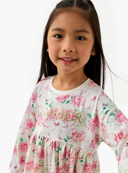 Juniors Round Neck Long Sleeves Dress with Floral Print-girls-clothing-dressesandjumpsuits-image-4