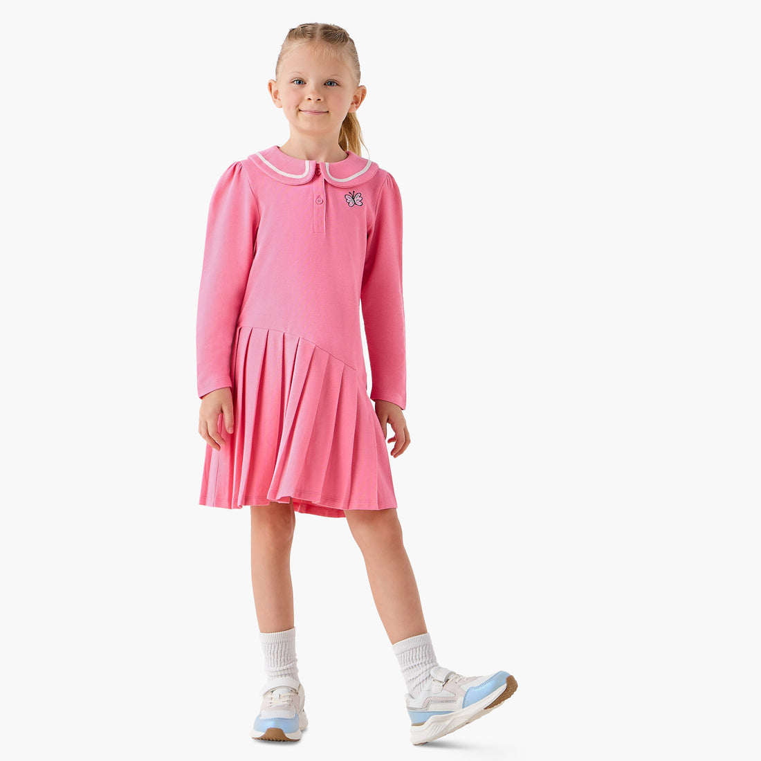 Juniors Peter Pan Collar Long Sleeves Knee Length Dress with Butterfly Embroidery