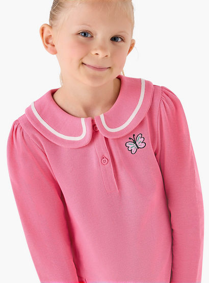 Juniors Peter Pan Collar Long Sleeves Knee Length Dress with Butterfly Embroidery-girls-clothing-dressesandjumpsuits-image-4