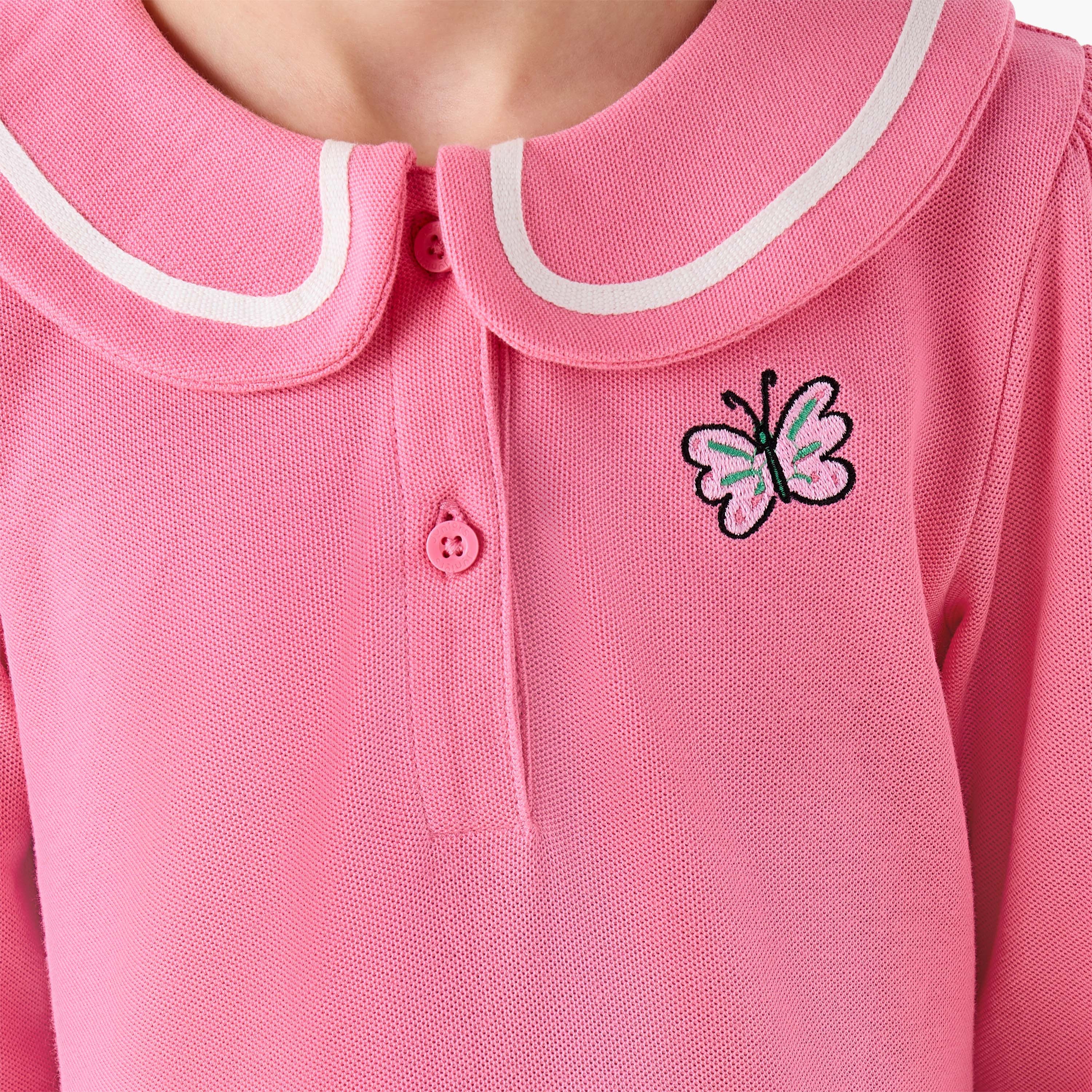 Juniors Peter Pan Collar Long Sleeves Knee Length Dress with Butterfly Embroidery