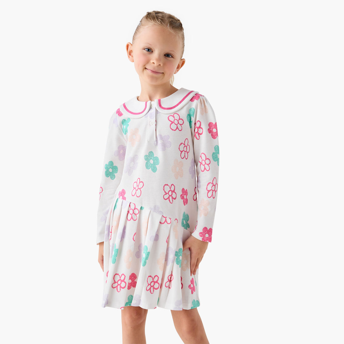 Juniors Peter Pan Collar Long Sleeves Dress with Floral Print - White / 6-7 yrs