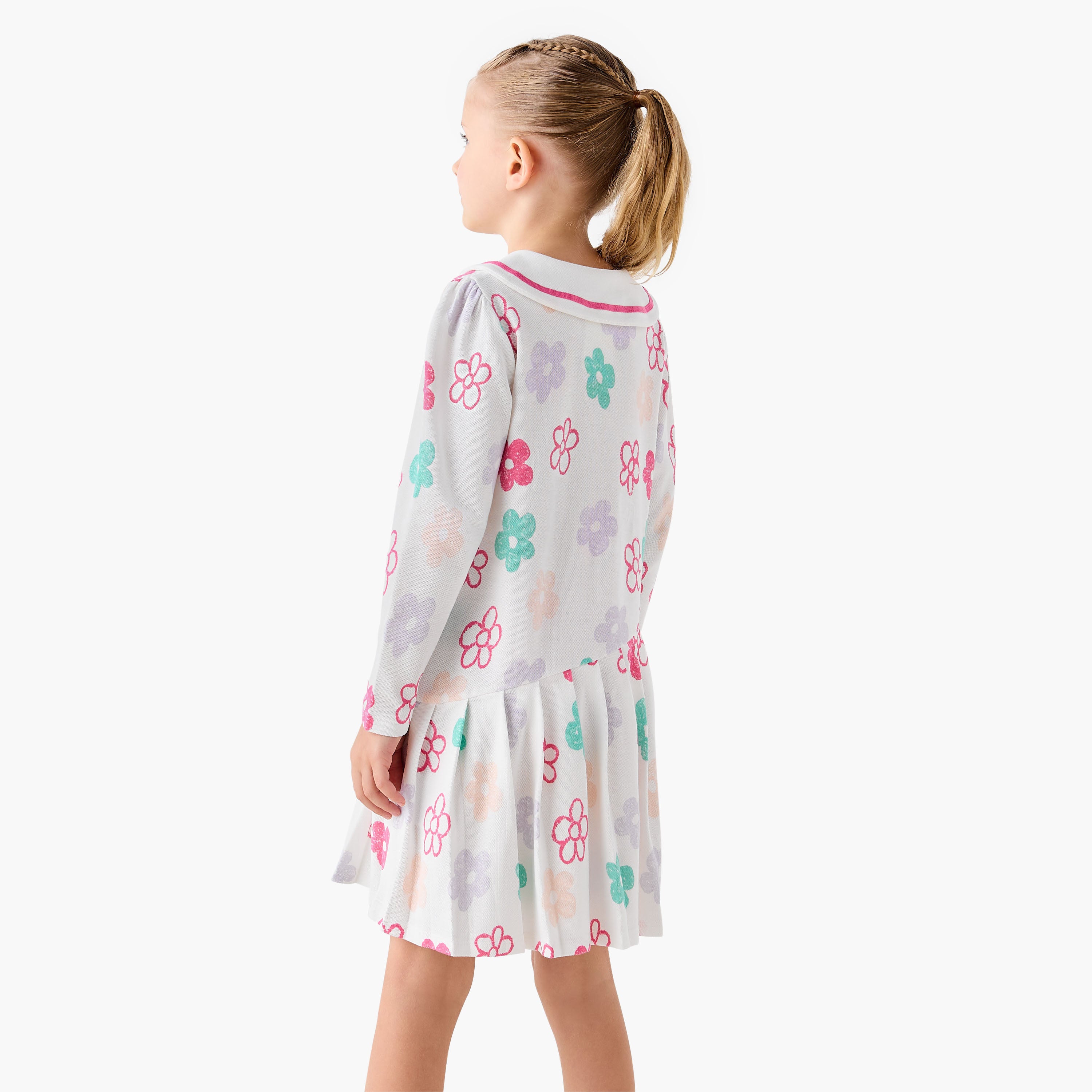 Juniors Peter Pan Collar Long Sleeves Dress with Floral Print