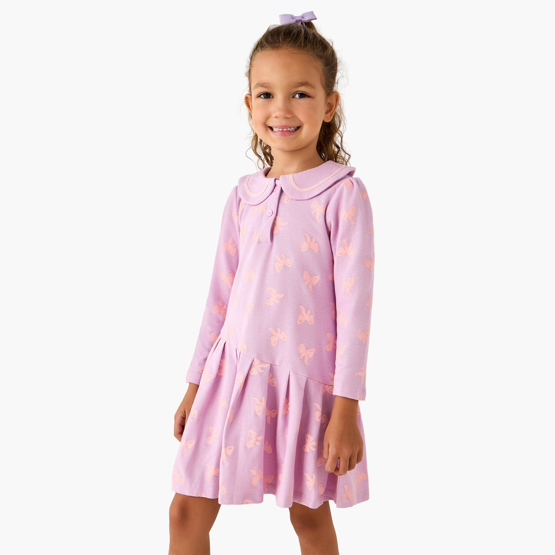Juniors Peter Pan Collar Long Sleeves Dress with Button Placket - Purple / 4-5 yrs