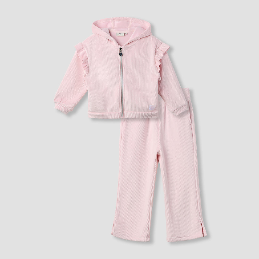 Juniors Girls Sweatshirt and Track Pants Set with Ruffle - Polyester Blend - Long Sleeves - Hood - Pink / 1-2 yrs