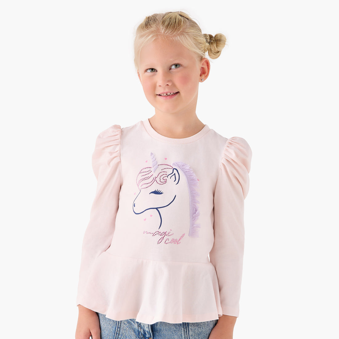Juniors Girls Crew Neck T-shirt with Unicorn Print - Cotton - Long Sleeves - Pink / 1-2 yrs
